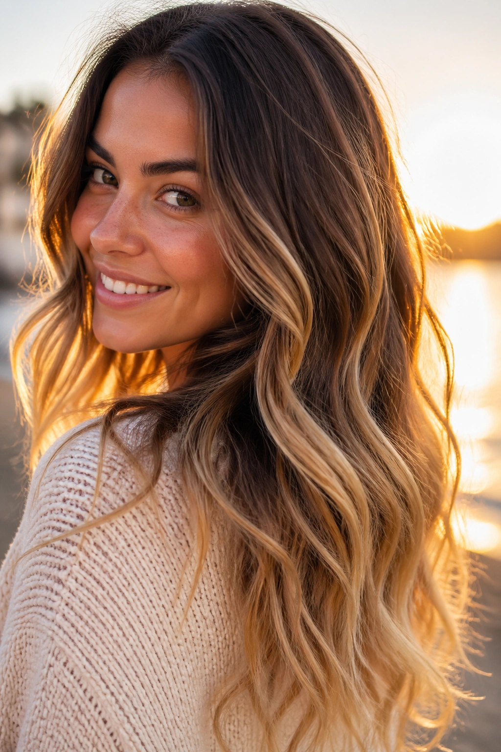 Real-person portrait with sunrise brunette-to-blonde gradient hair outdoors