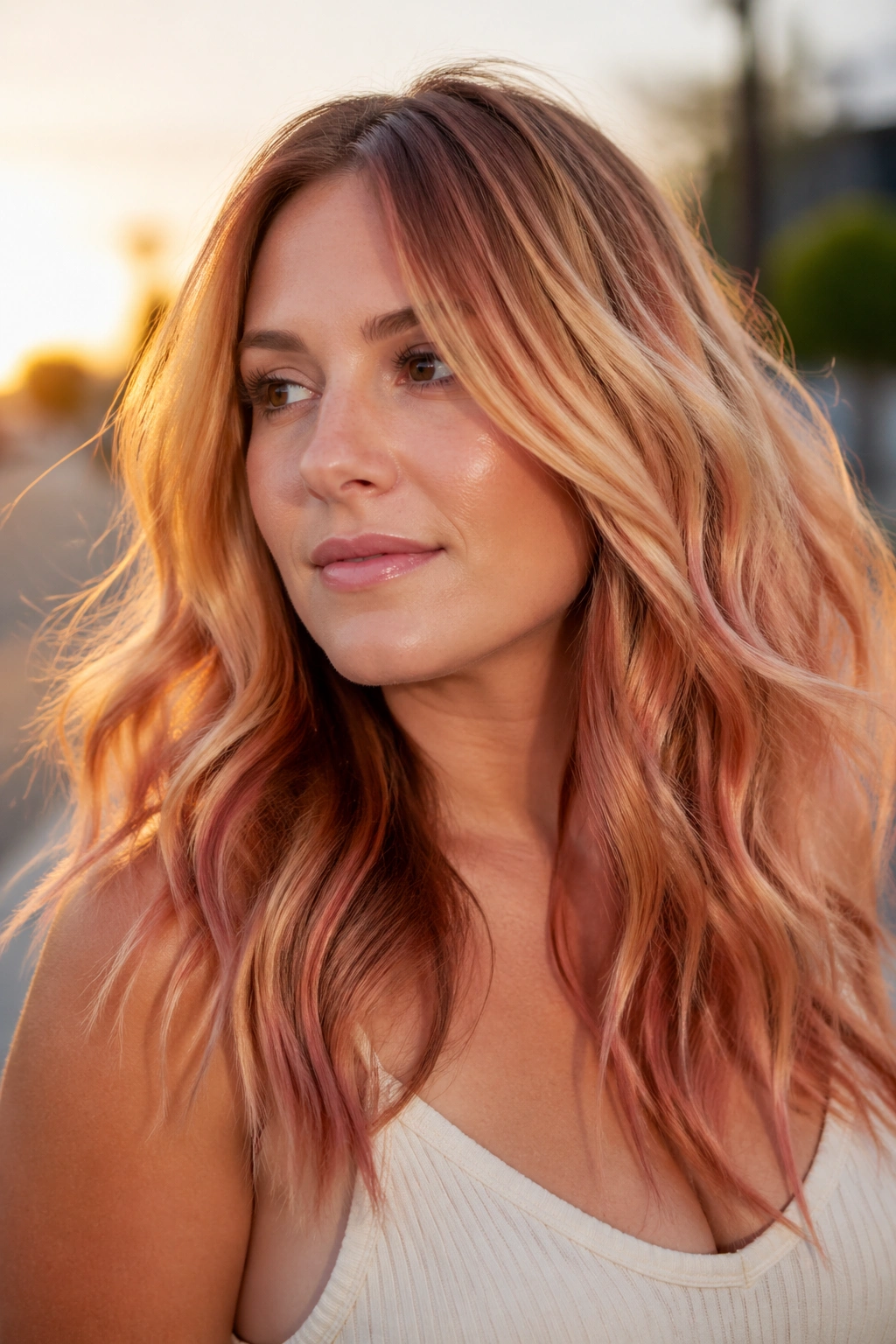 Close-up of a real woman with sunset balayage featuring golden blonde, copper, and coral tones.