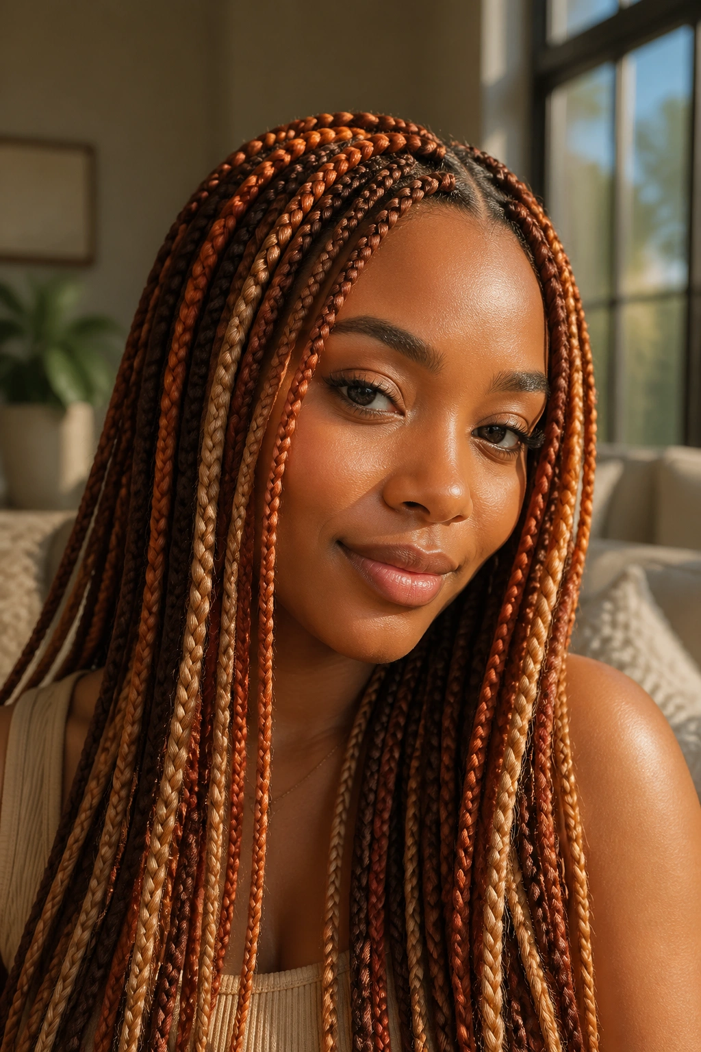 Close-up of multi-tone sunset blend box braids on a real person.