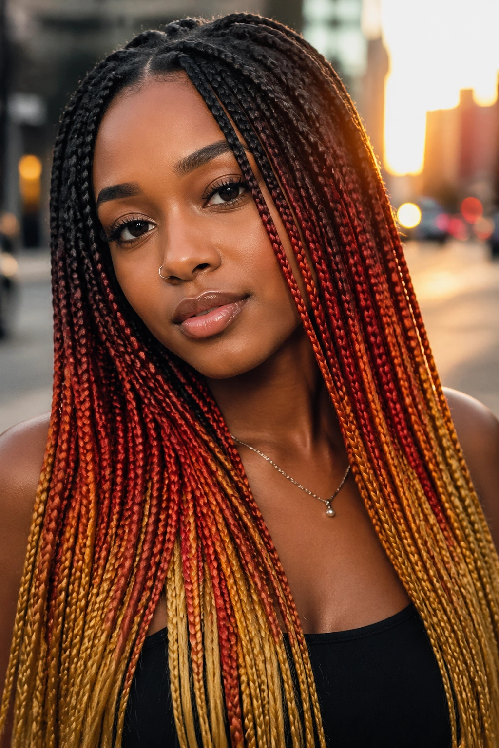 Close-up of a real person with sunset gradient knotless braids during golden hour