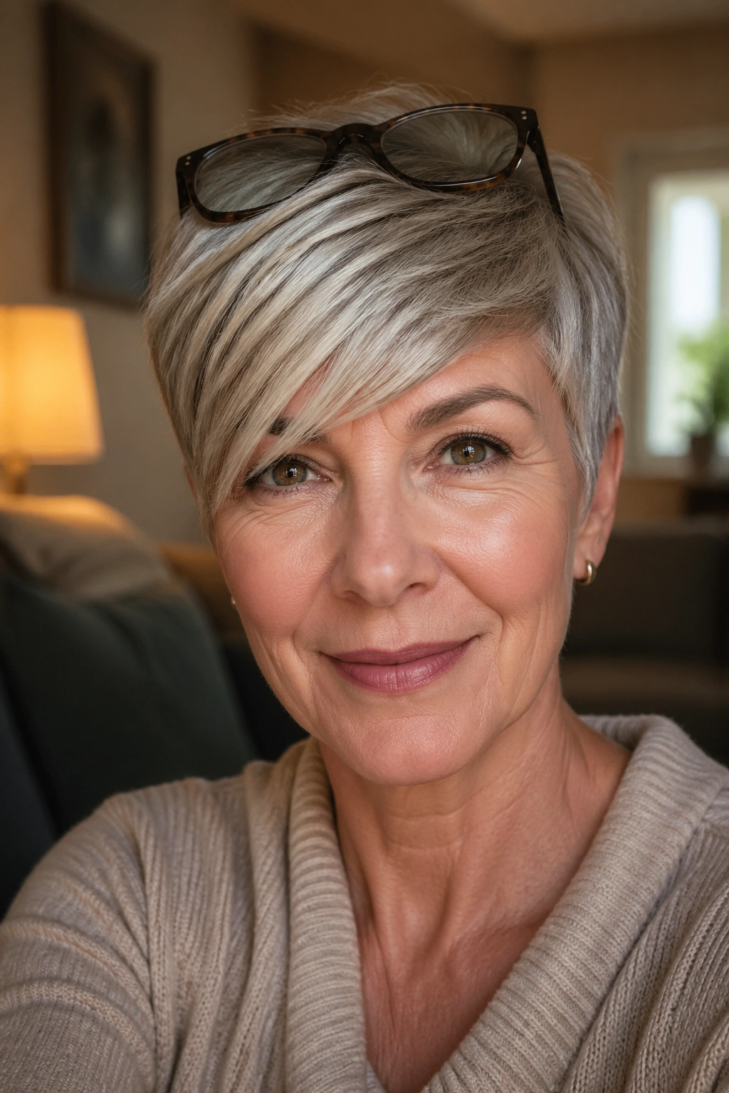 Close-up of a real woman wearing a sweeping fringe pixie with glasses in soft window light