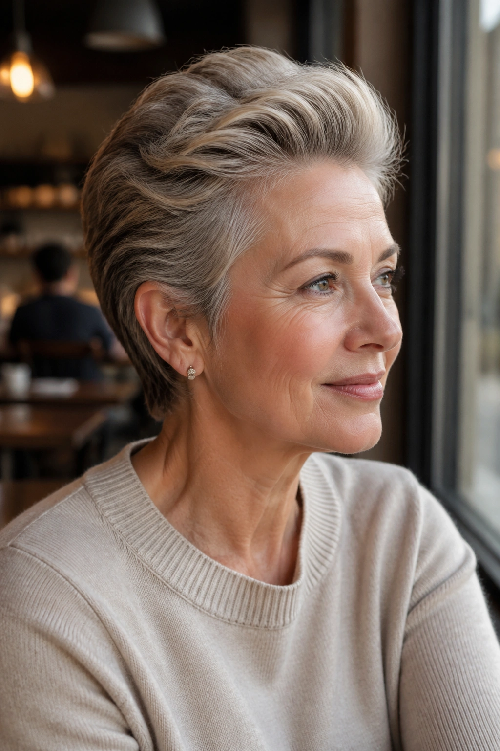 Close-up portrait of a mature woman with swept-back short haircut