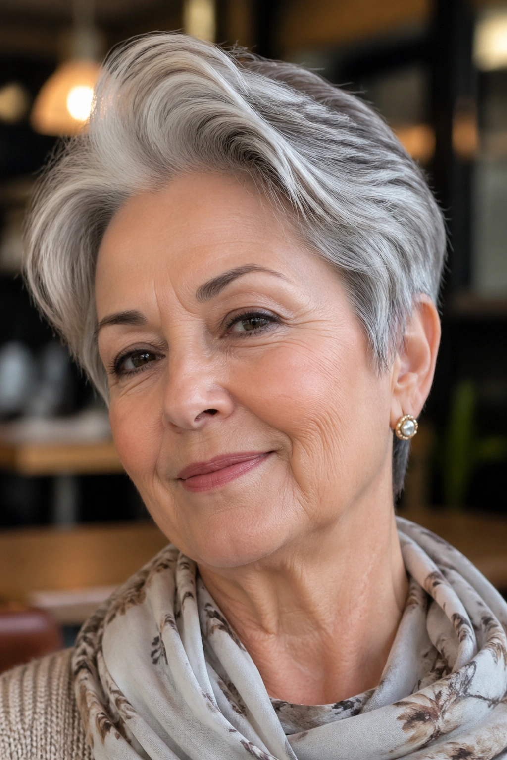 Close-up portrait of an older woman with a swoopy short cut and lifted front in a warm cafe setting.