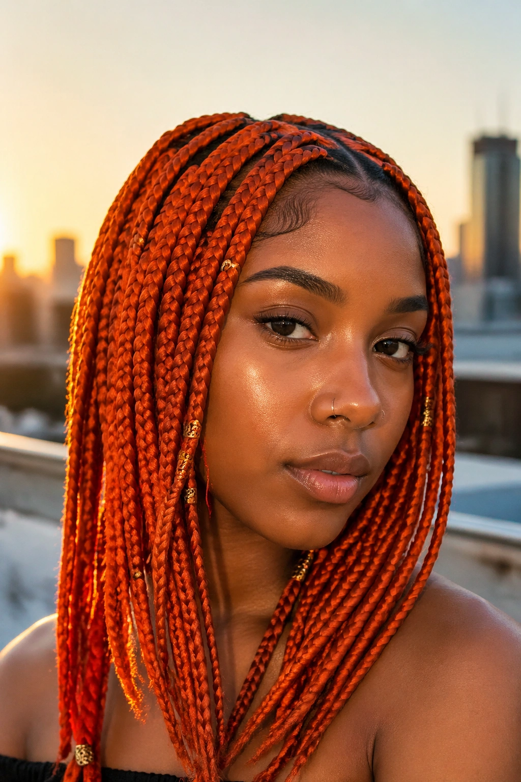 Portrait of a real woman with tangerine braids and gold accent beads