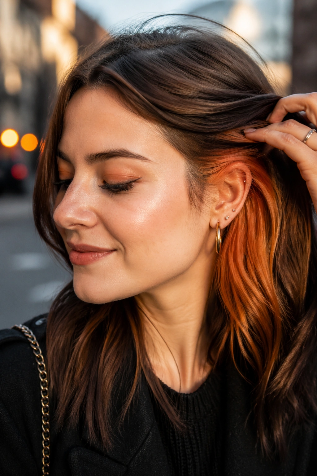 Close-up profile of a real woman with tangerine peekaboo streaks peeking from under the top layer.