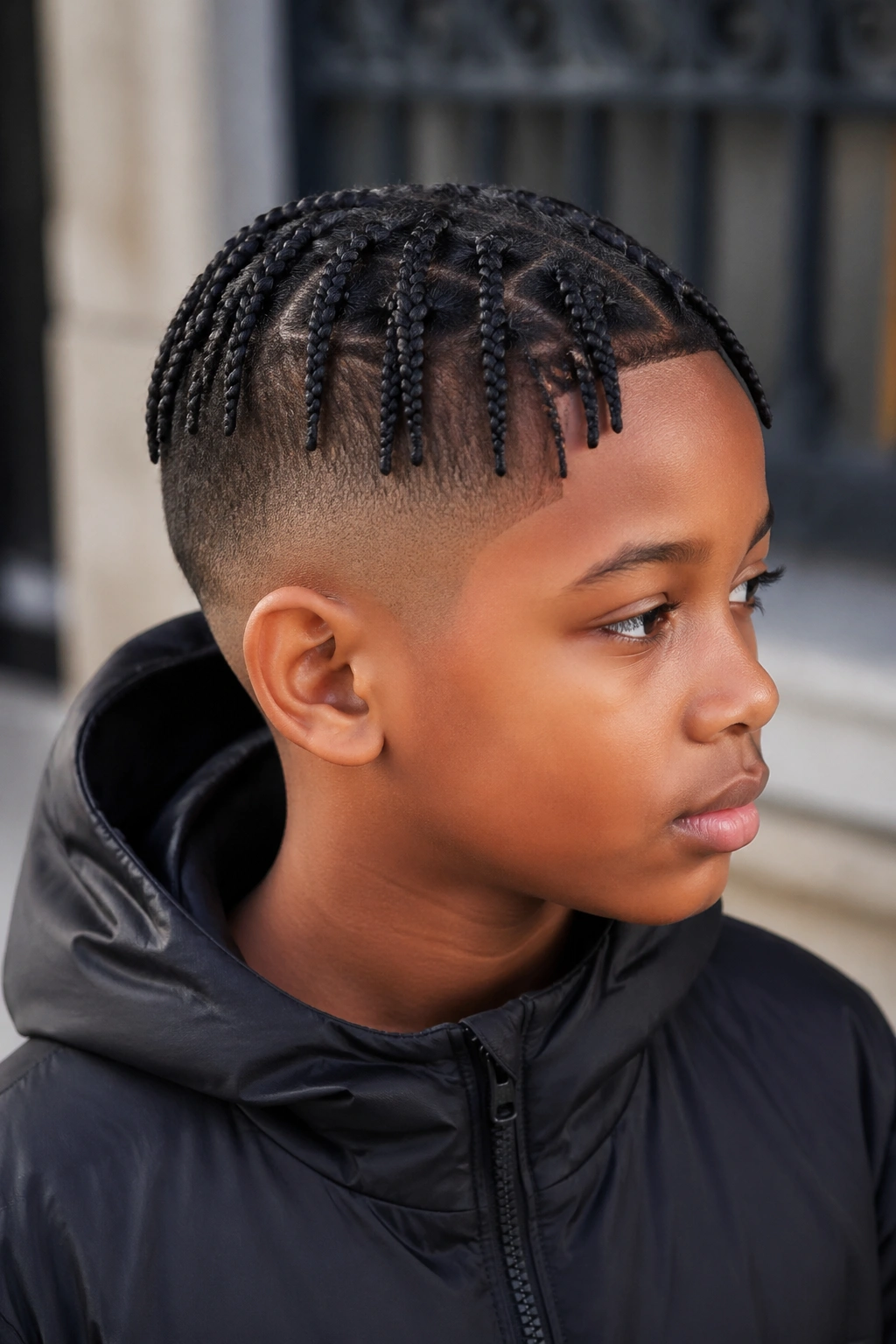 Boy with small box braids and taper fade on the sides