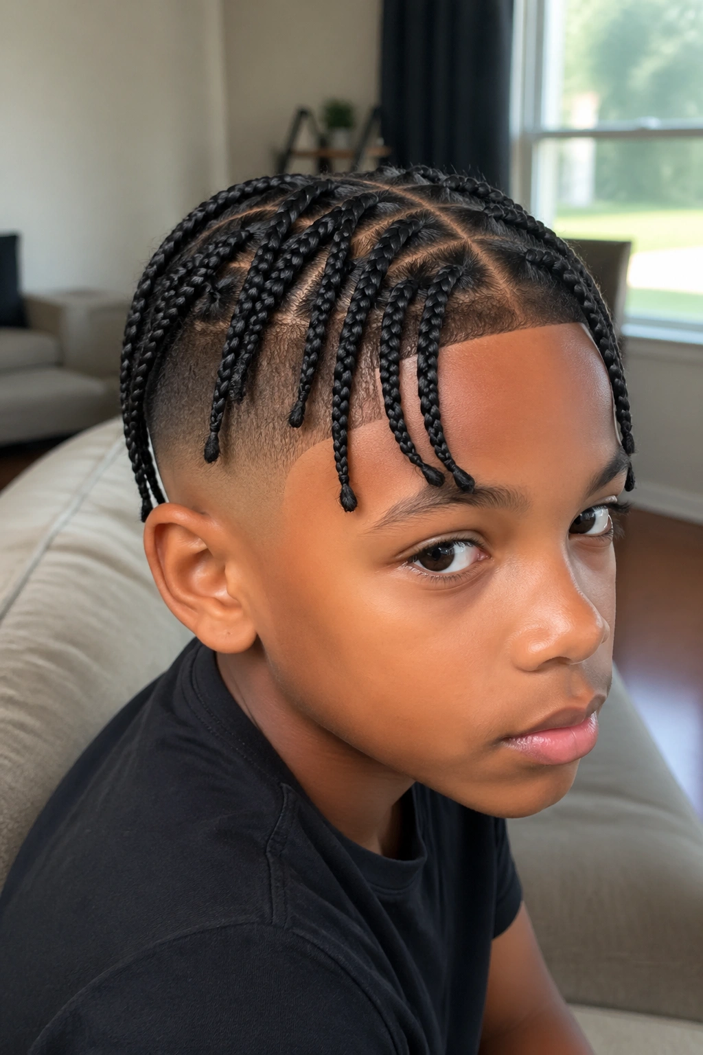 Portrait of a real boy with taper fade and medium box braids