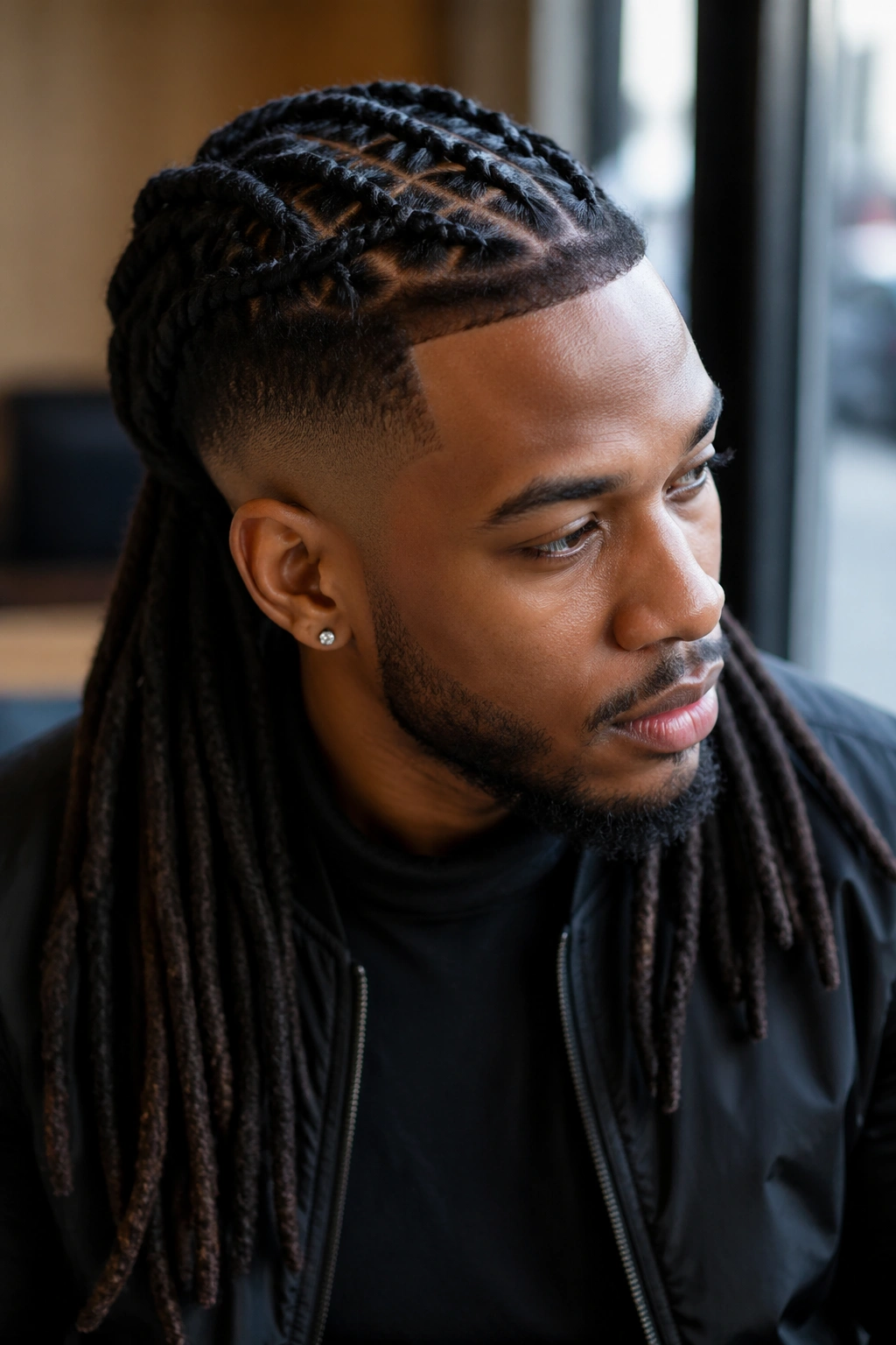 Man with taper fade and braided top, side fade visible
