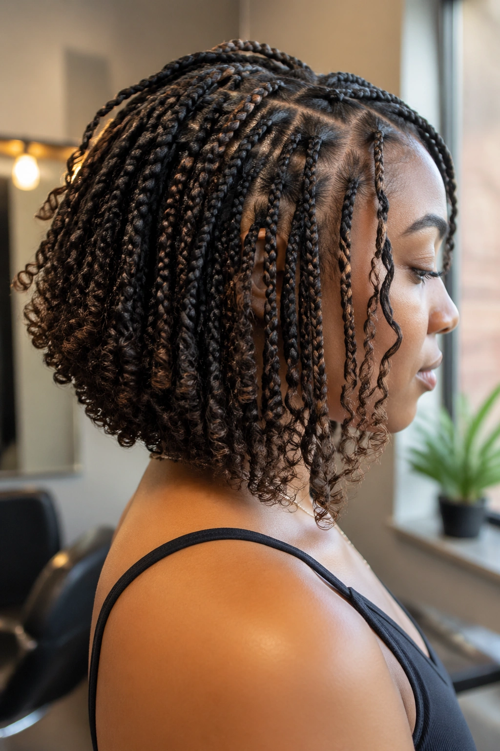 Side-profile of a real person with a tapered back braid shape.