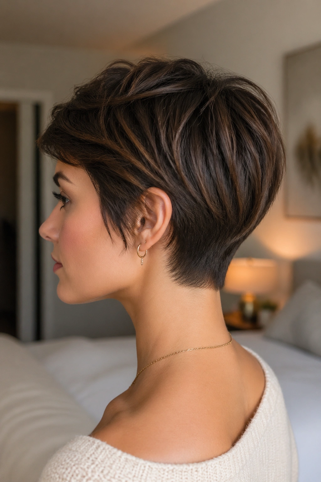 Close-up of a real person with a tapered bixie hugging the neck in a warm-lit room