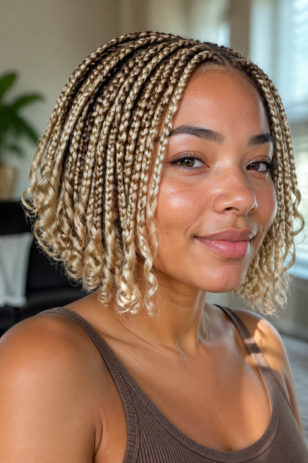 Real woman with tapered blonde box braids and layered curly ends
