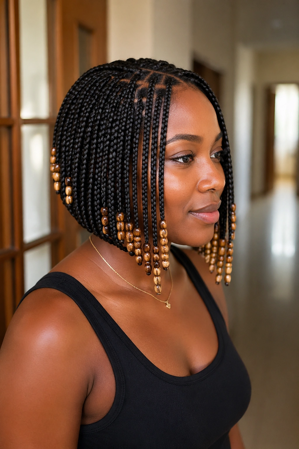 Three-quarter portrait of a real woman with tapered bob and graduated bead lengths