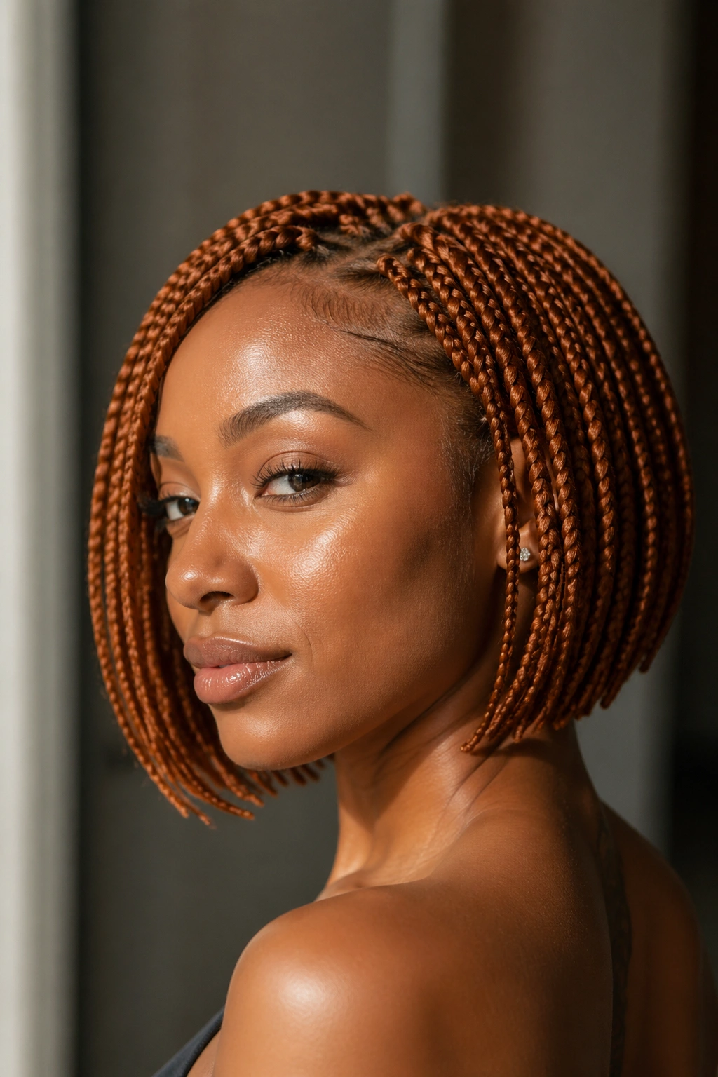 Close-up portrait of a real person with amber ginger tapered bob box braids.