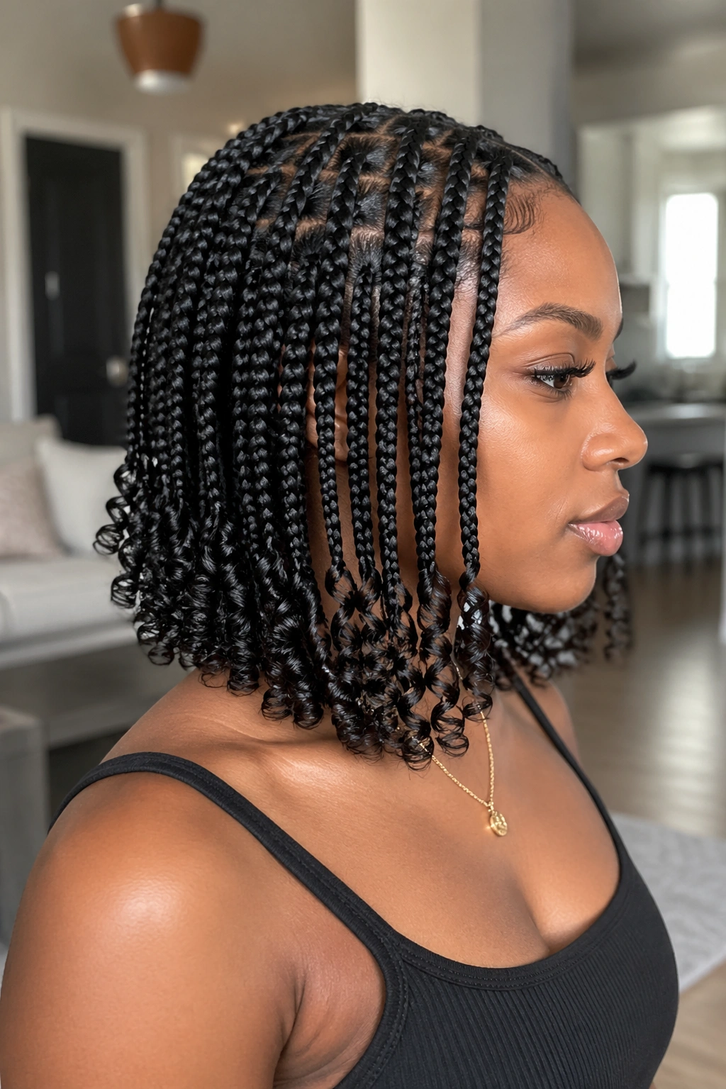 Real woman with tapered bob box braids and curly ends in a modern home setting