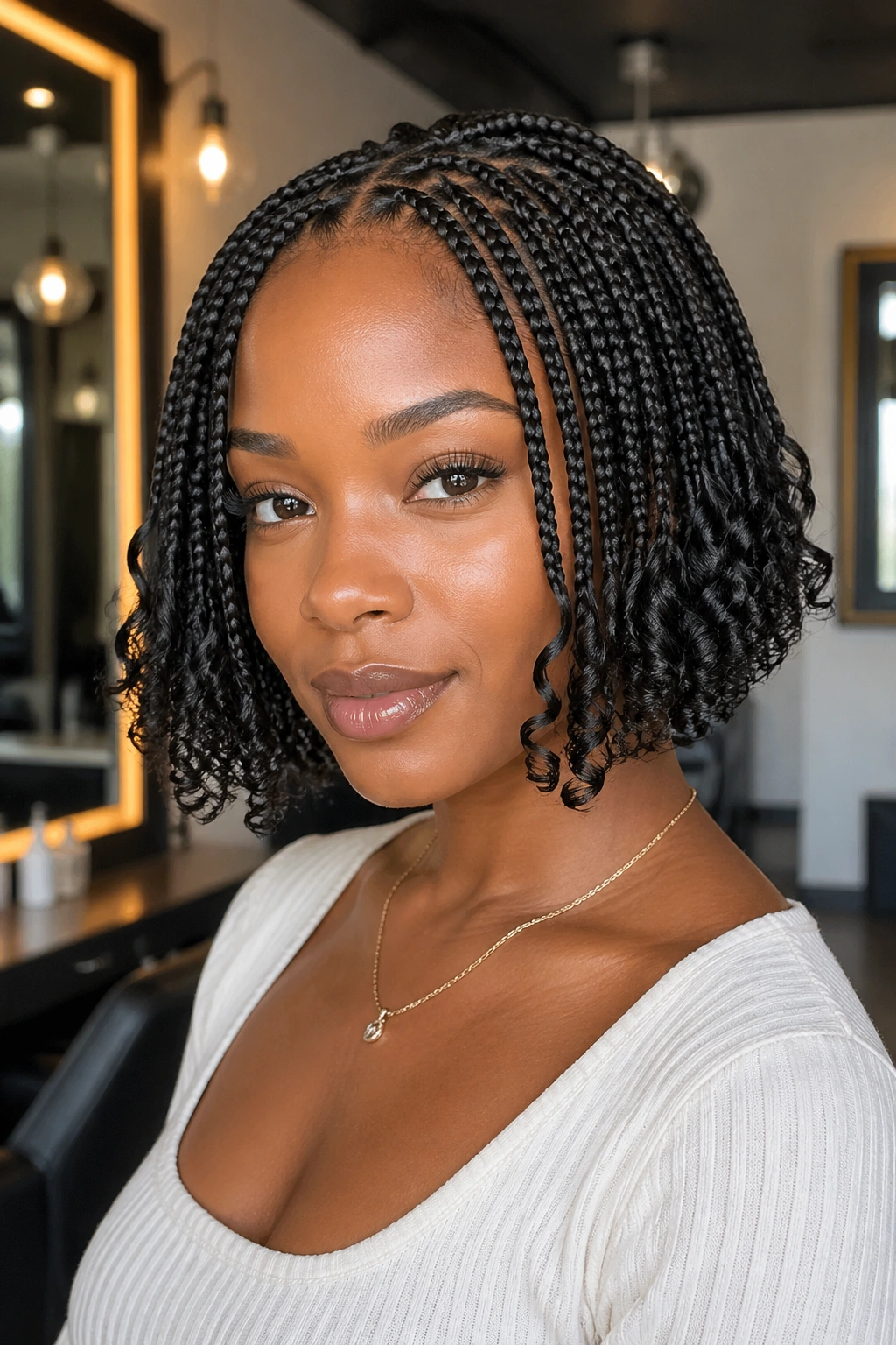 Close-up portrait of a real woman with a tapered bob and curly ends, warm indoor lighting.