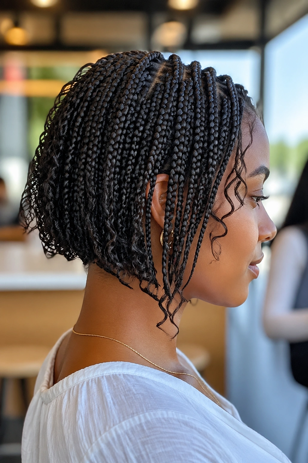 Profile close-up of a woman with tapered short boho box braids