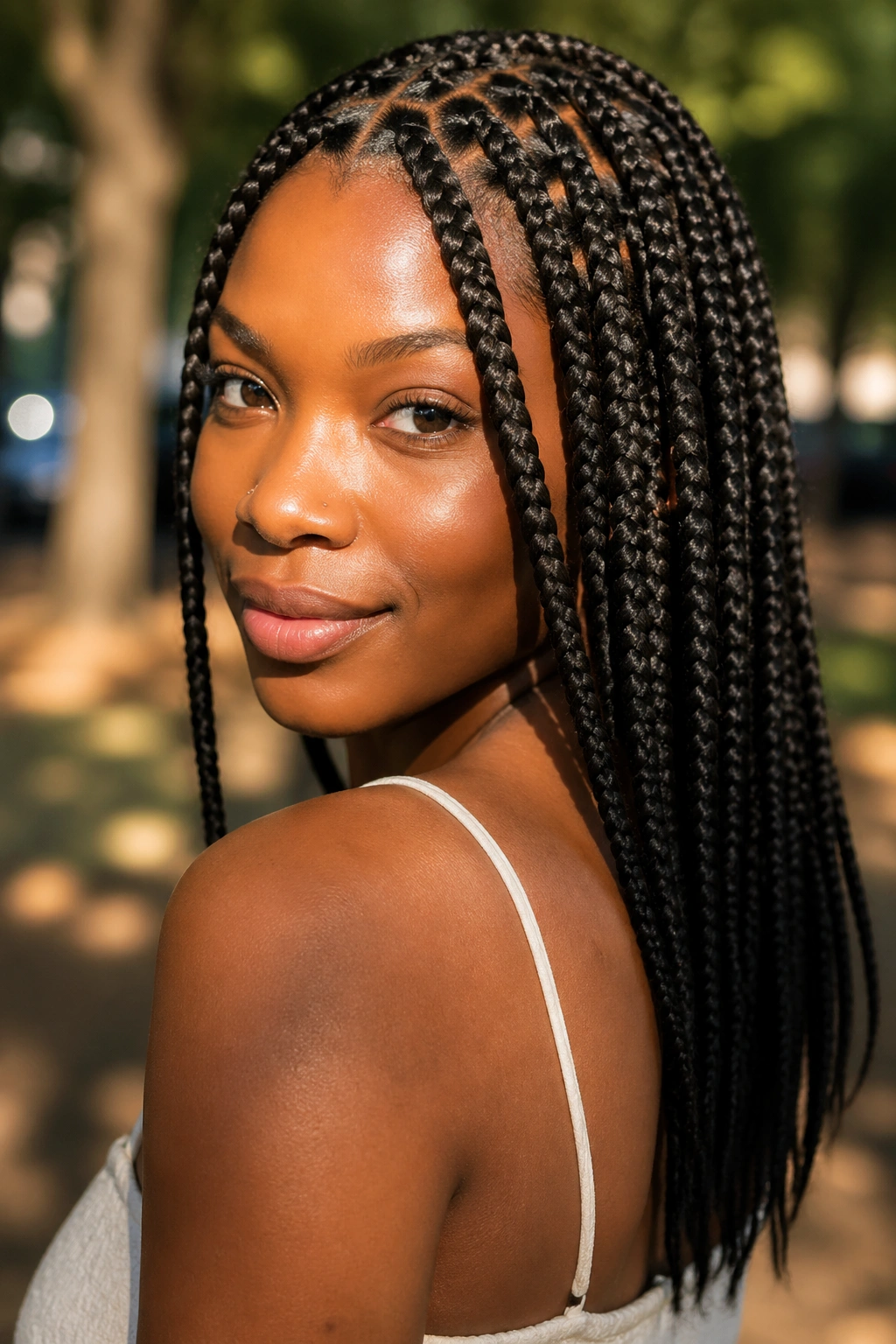 Close-up portrait of a real woman with tapered box braids outdoors at golden hour