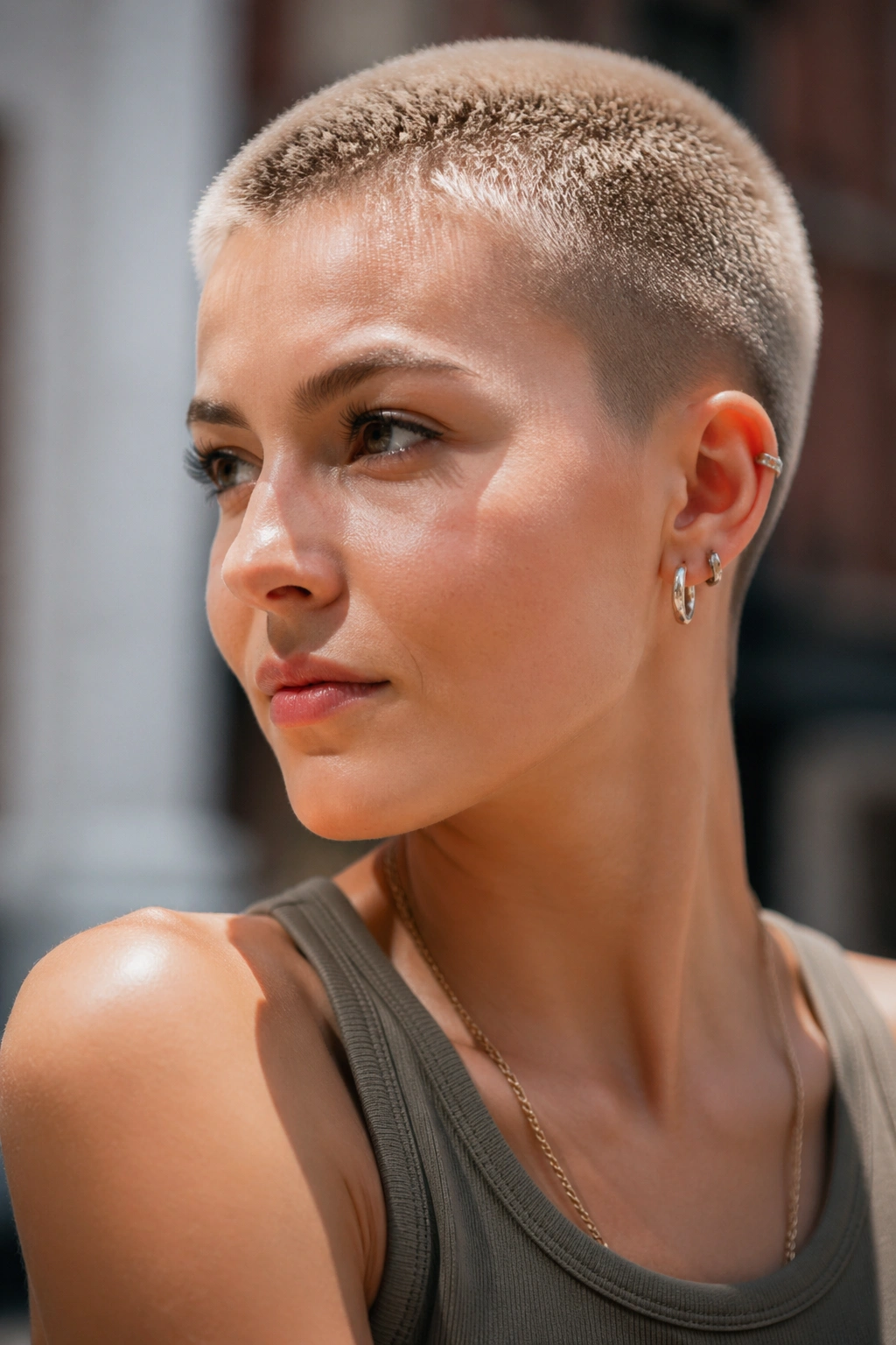 Close-up of a real person with tapered buzz cut in blonde shades
