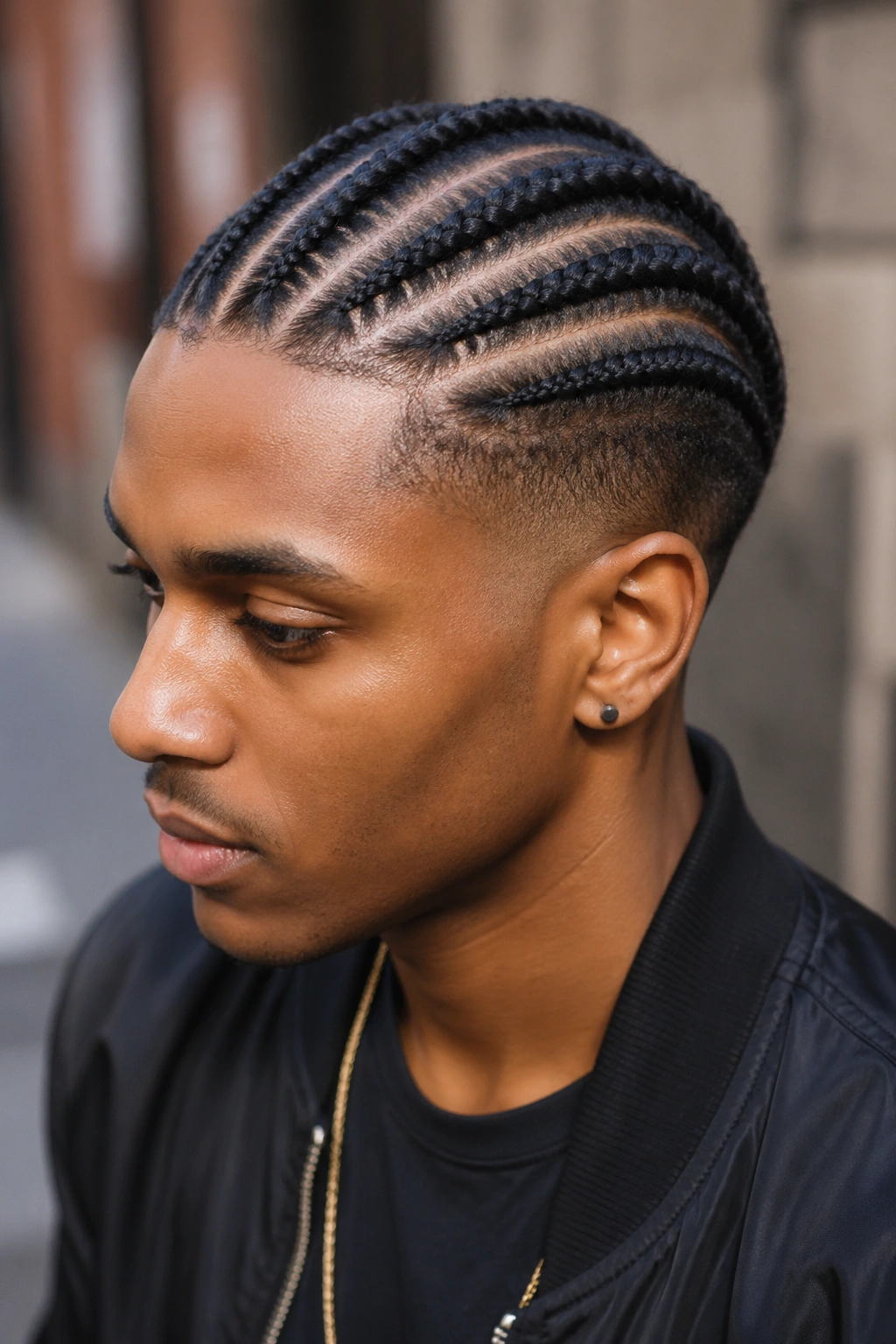 Close-up of tapered cornrows on short hair