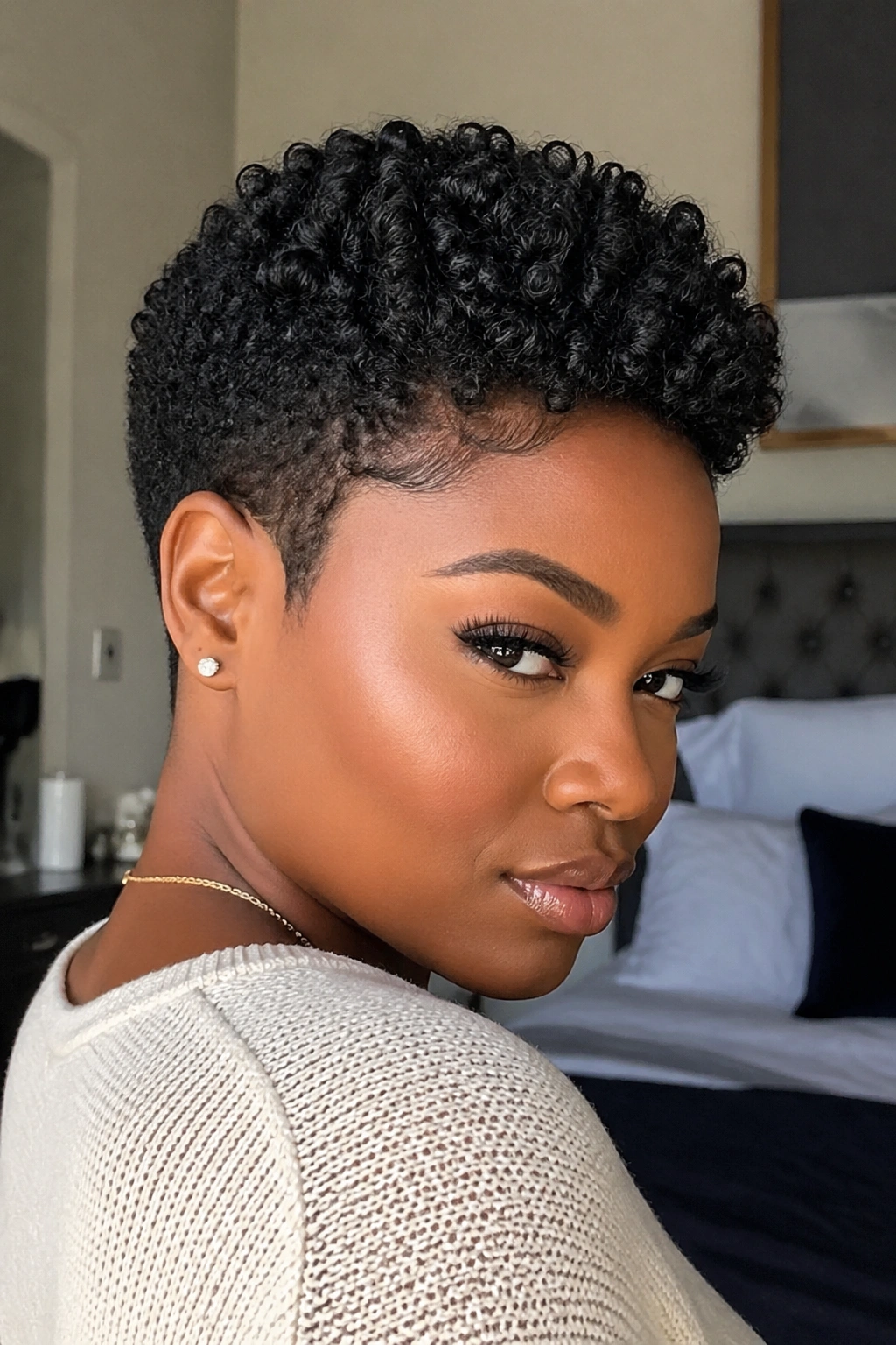 Close-up portrait of a real woman with a tapered crochet pixie haircut