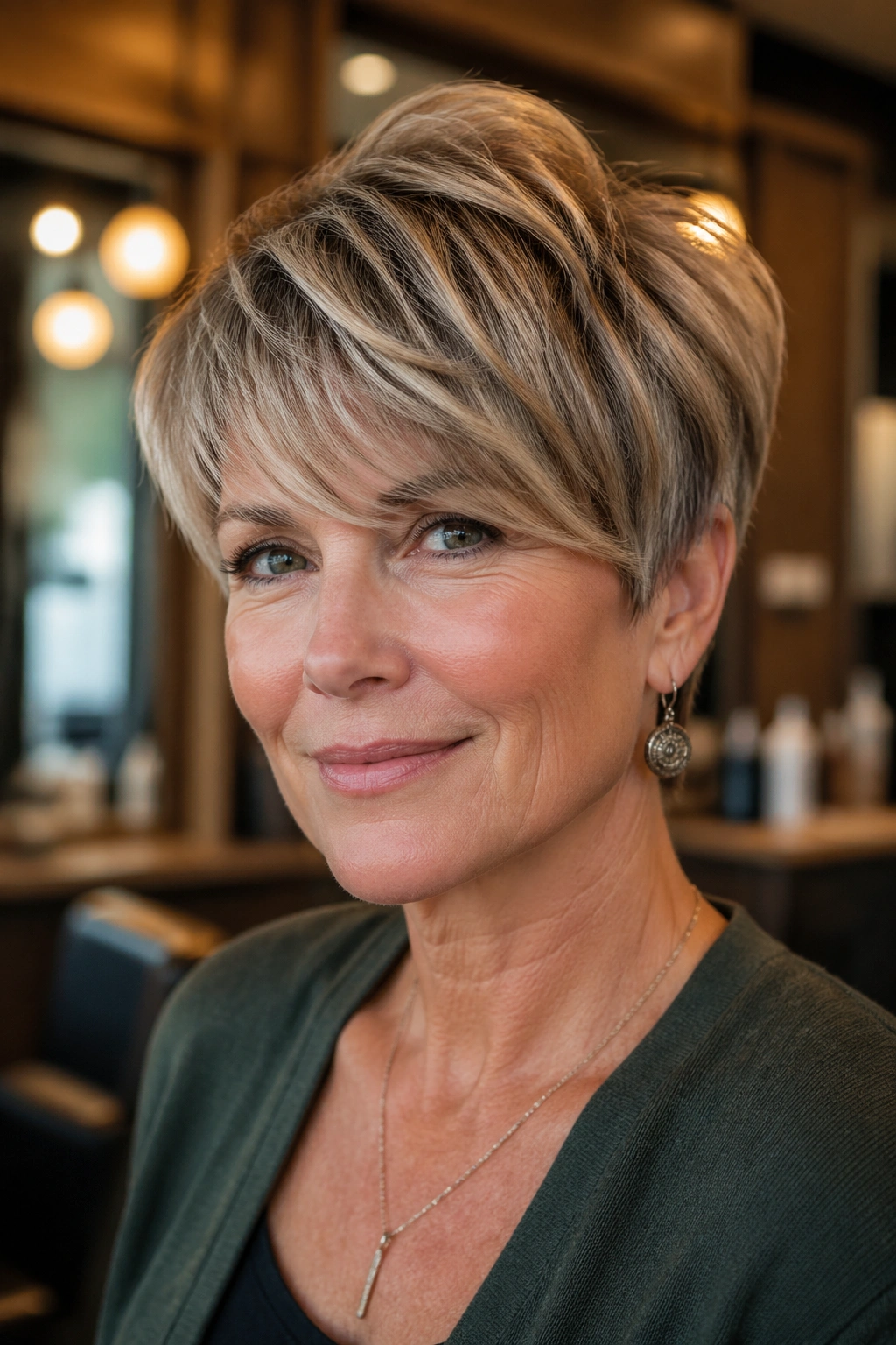 Close-up portrait of a real woman with a tapered crop and long top bangs in warm window light