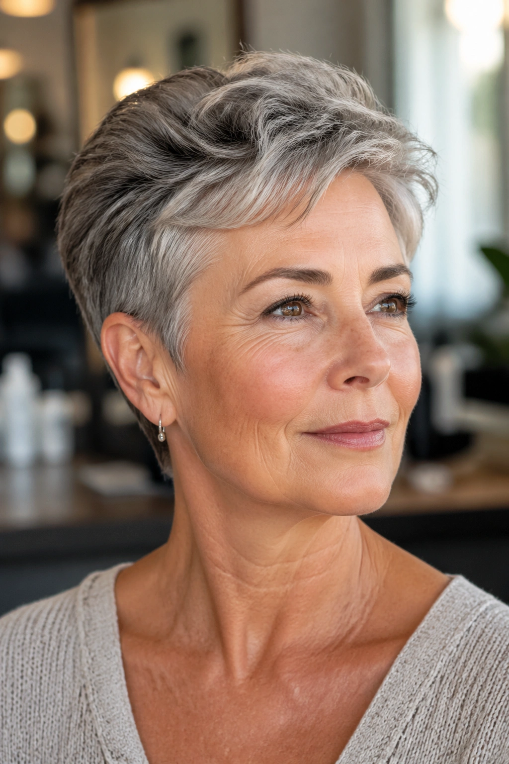 Close-up portrait of a real woman with a tapered crop and crown-height lift in a salon.
