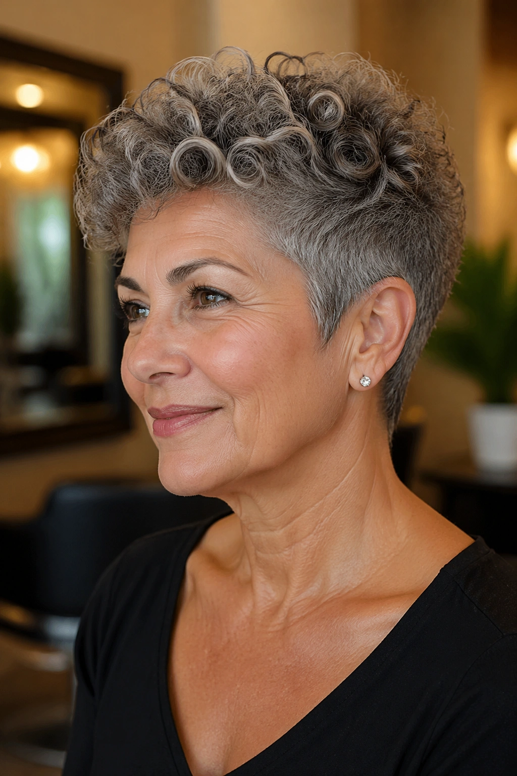 Close-up of a real woman with a tapered crop and crown lift under warm salon light