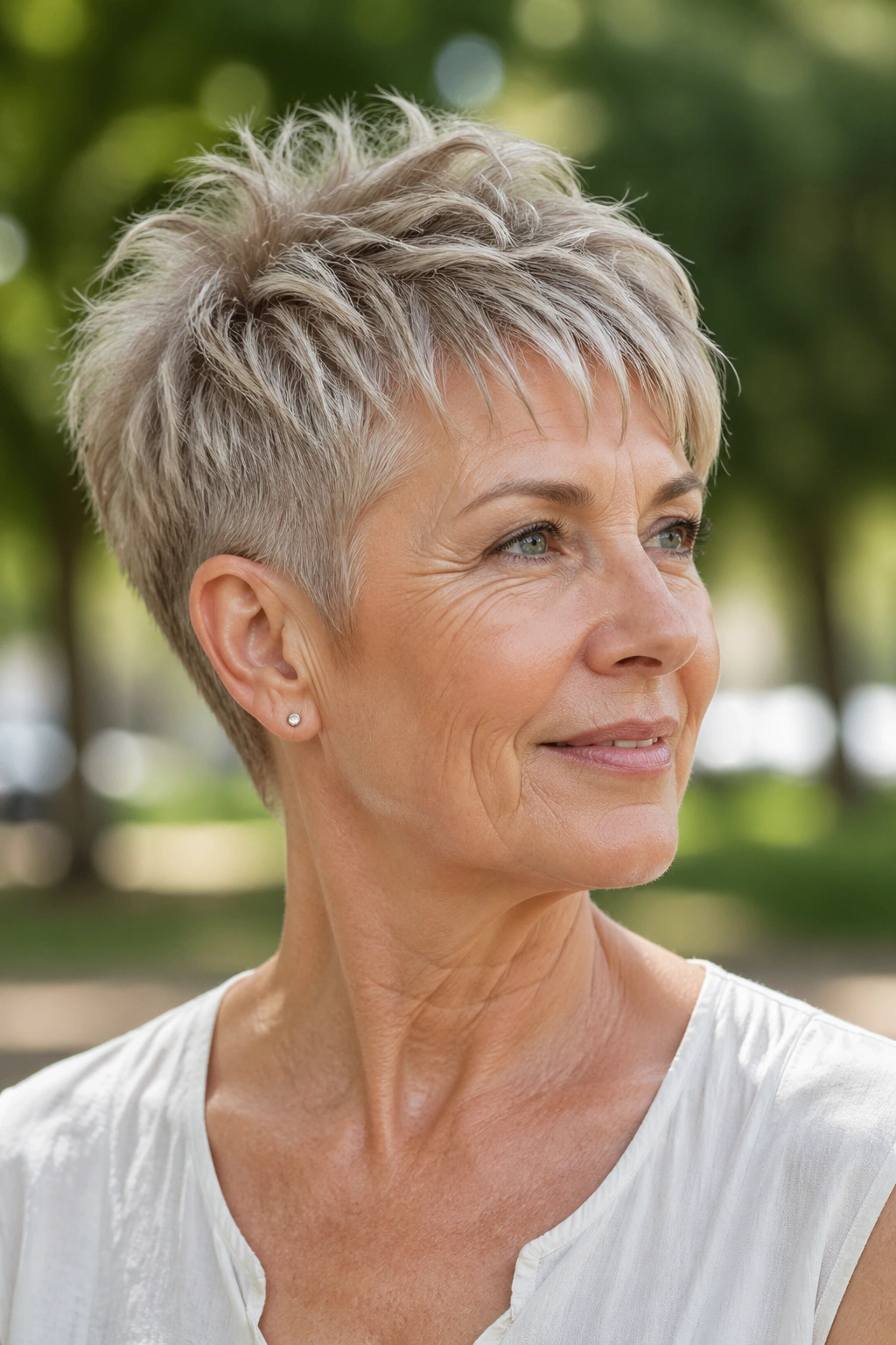 Real woman with tapered crop on fine hair in park light