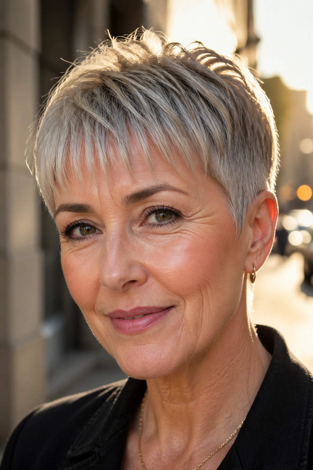 Close-up of a real woman with a tapered crop and soft fringe in warm urban light