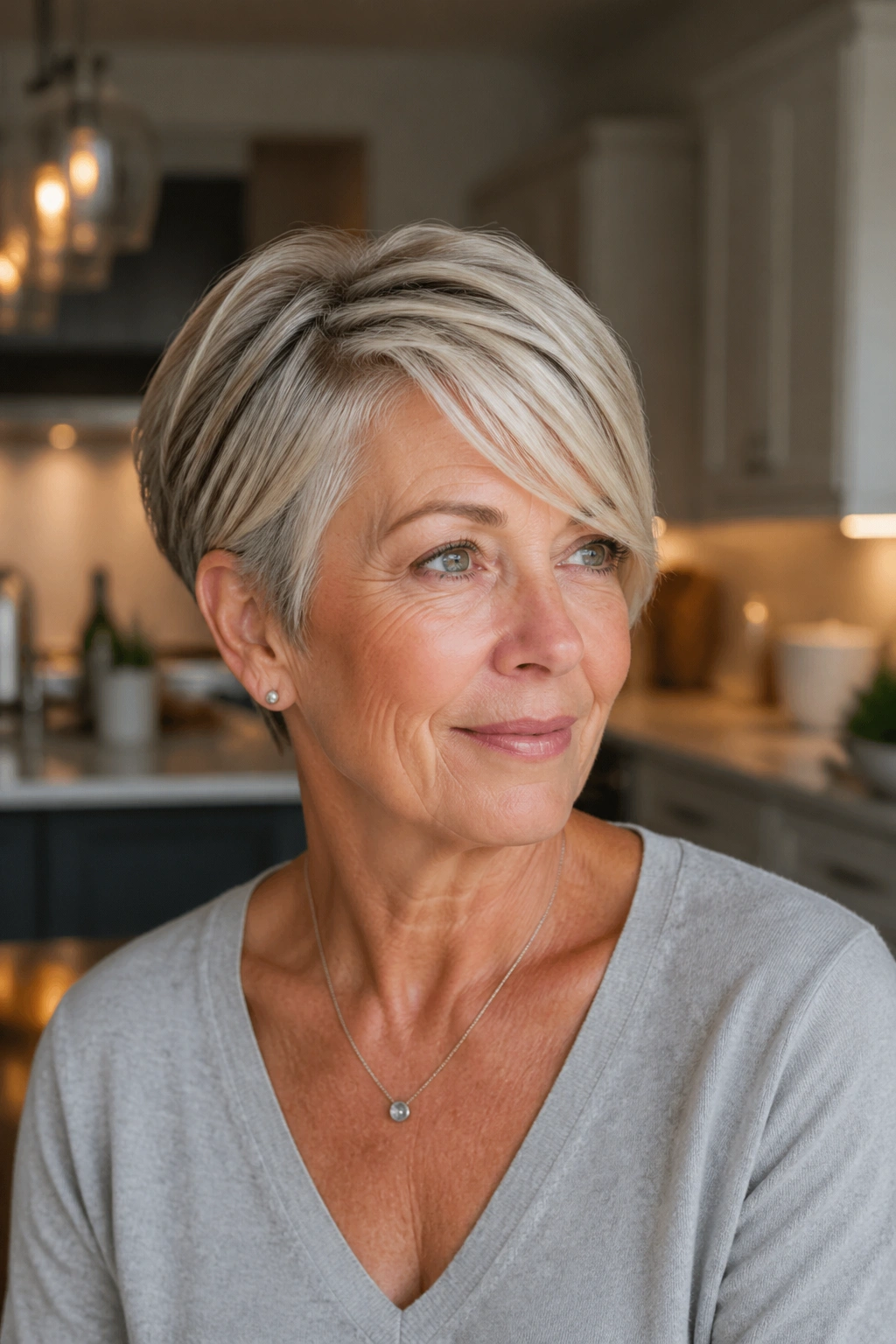 Real woman with tapered crop and side-sweeping fringe; structured yet soft.