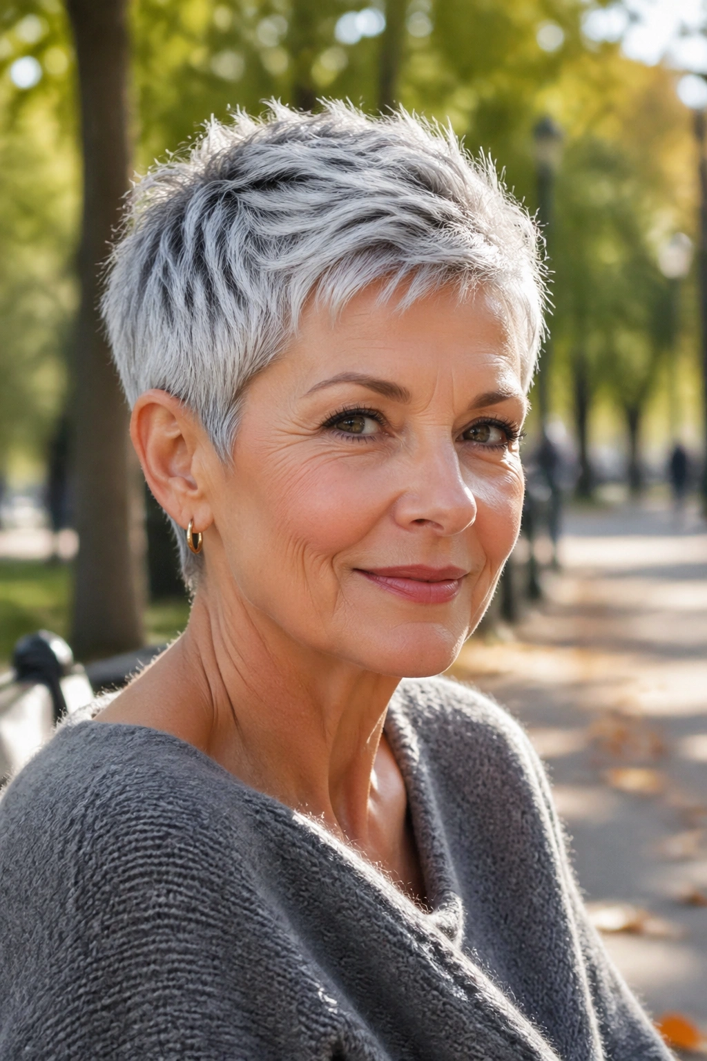 Close-up of a real woman with natural gray tapered crop in an outdoor park.