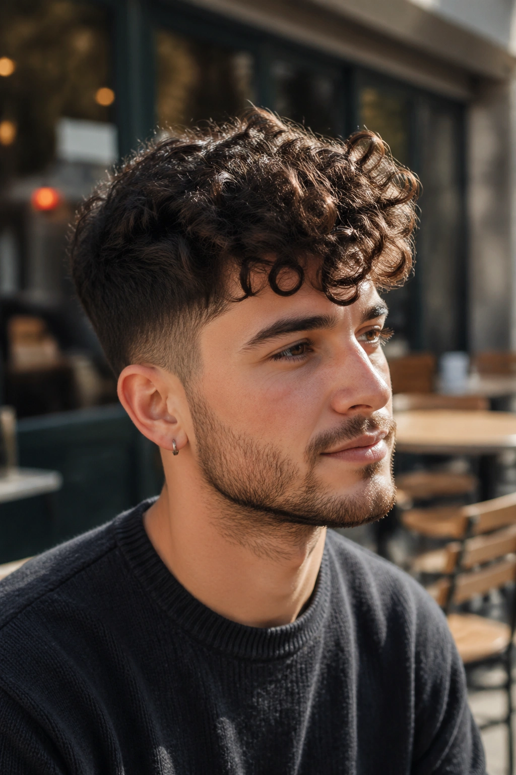 Close-up portrait of a real person with a tapered crop and long top on curly hair in a sunlit cafe setting