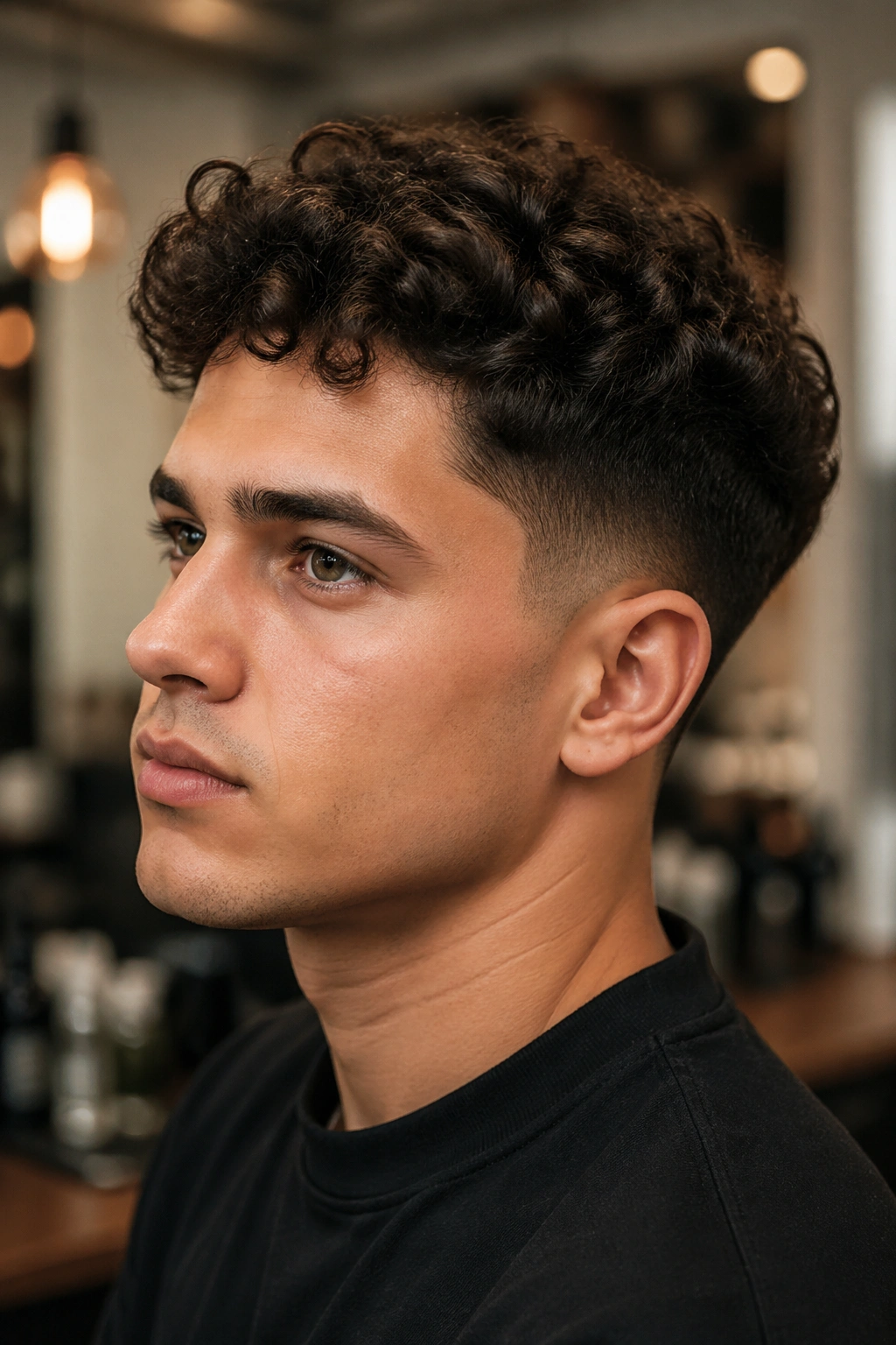 Close-up of a real person with a tapered crop and loose curls in a modern salon