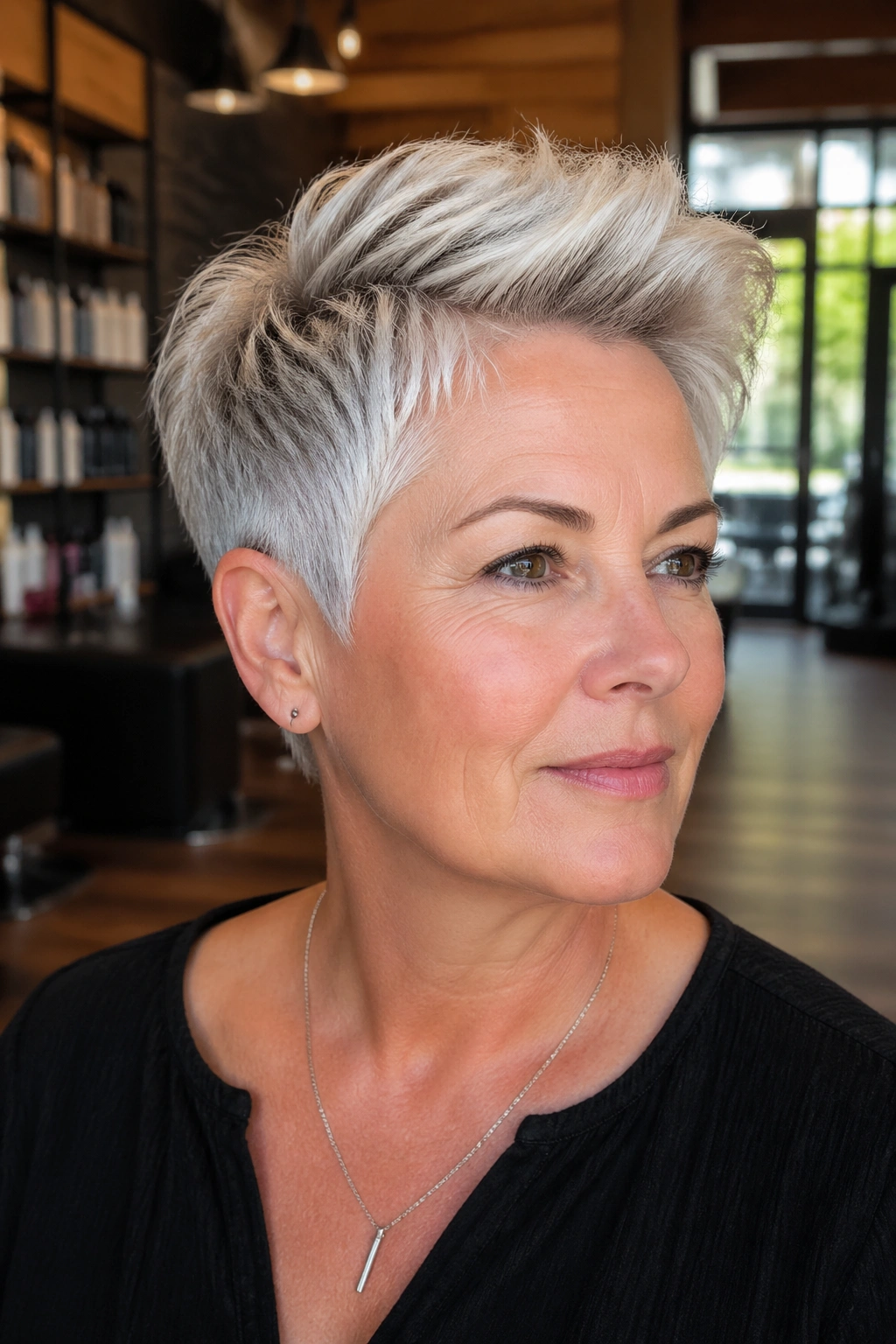 Close-up portrait of a real woman with a tapered crop and longer top in silver hair