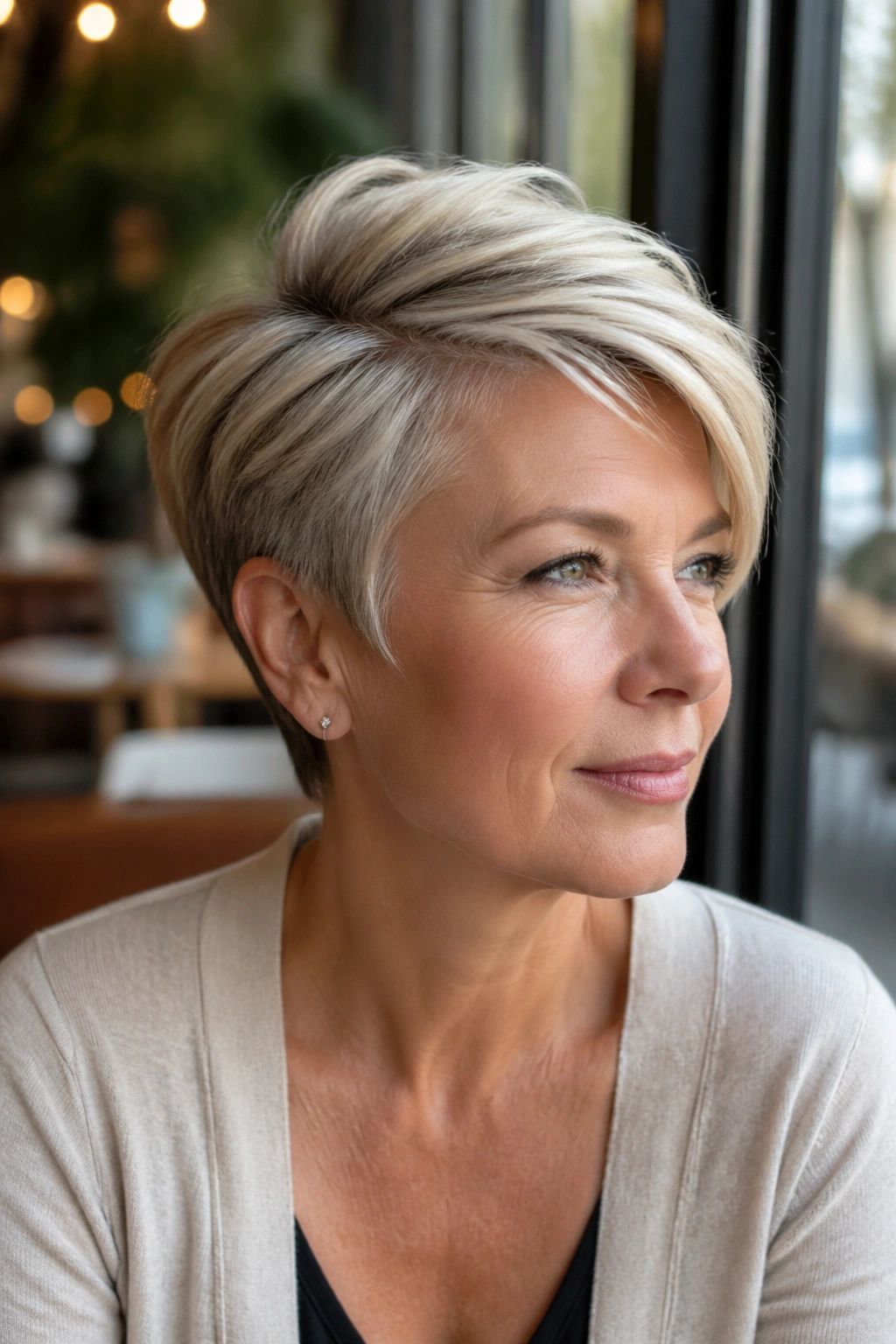 Close-up portrait of a real woman with a tapered crop and swept top in warm cafe light