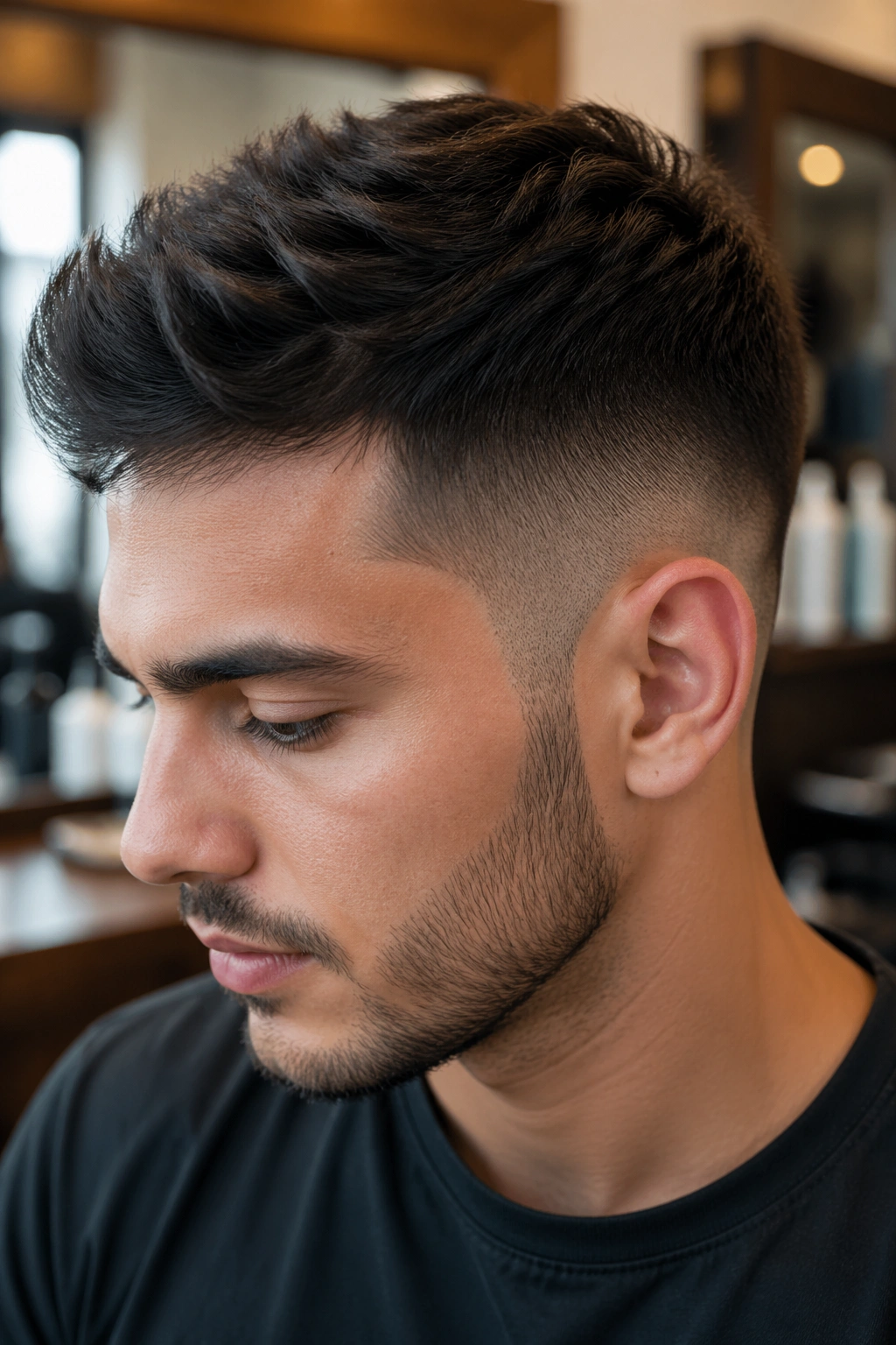 Close-up portrait of a real person with a tapered crop for thick hair in a salon setting