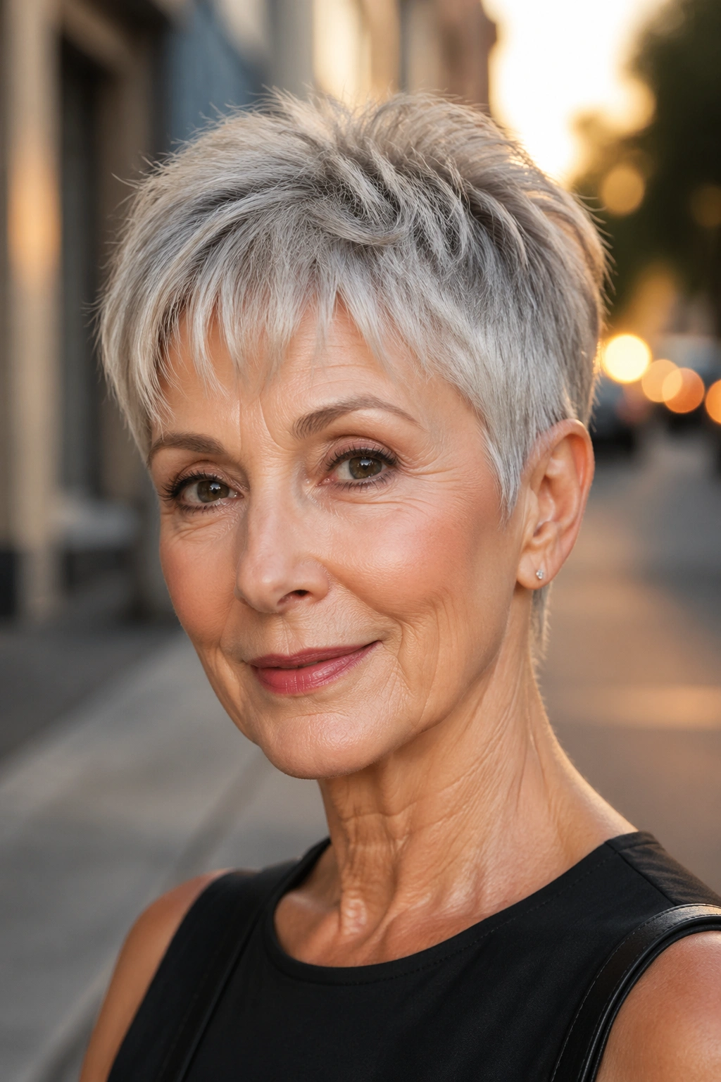 Senior woman with tapered crop and wispy fringe in evening light