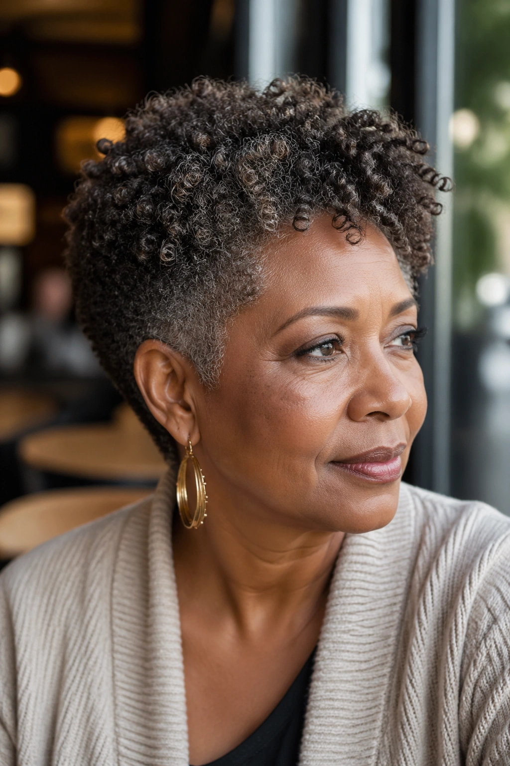 Close-up of a real woman with a tapered natural curl cut and defined coils.