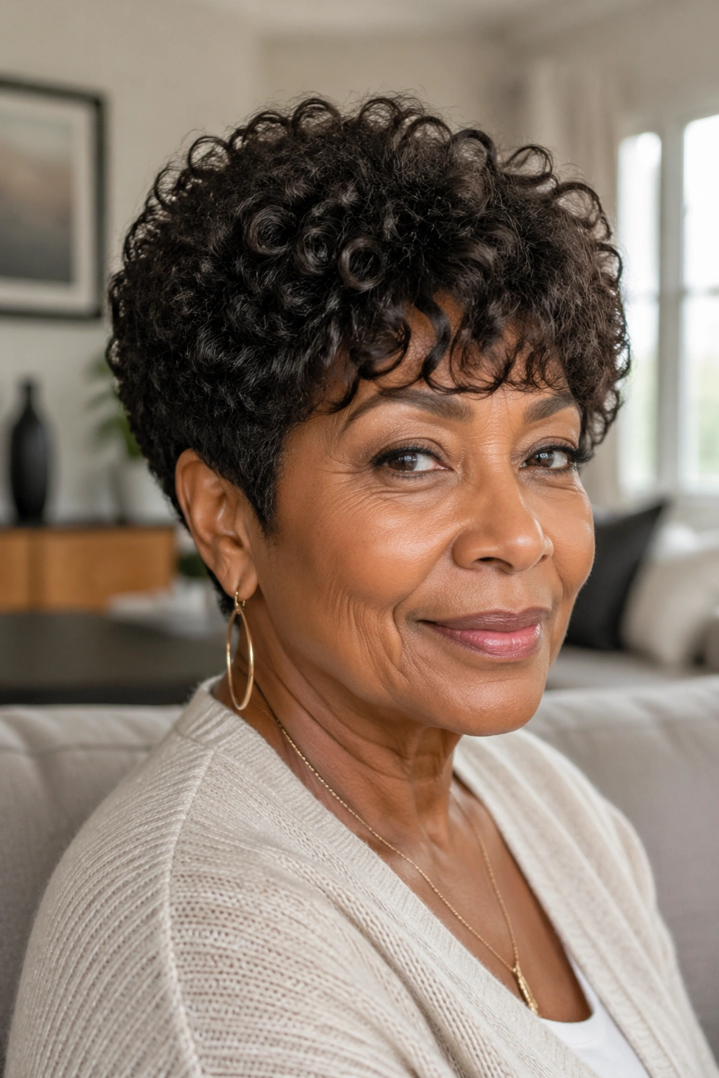 Close-up of an older woman with tapered curls and shaped bangs in natural light