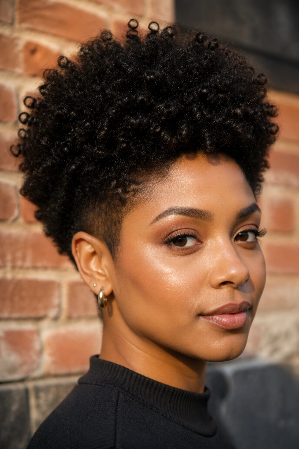 Close-up of a real woman with a tapered curly afro and lifted crown