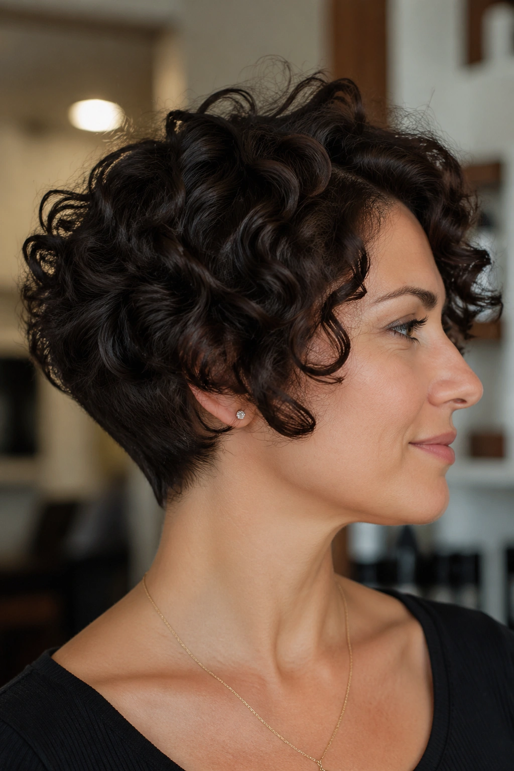 Real woman with tapered curly bob and clean neckline