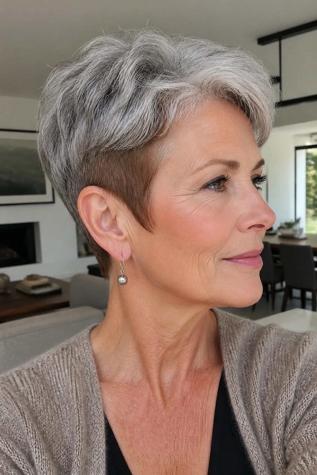 Close-up of a real woman with a tapered gray cut and chestnut temples in a bright living room.