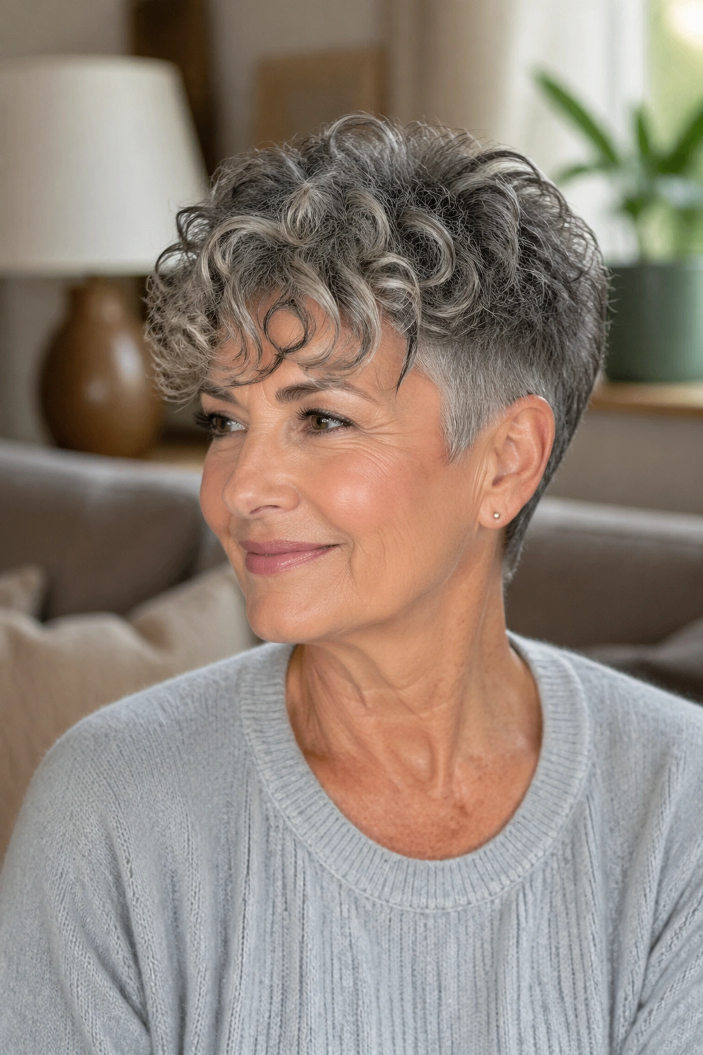Close-up portrait of a real woman with a curly fringe and tapered sides