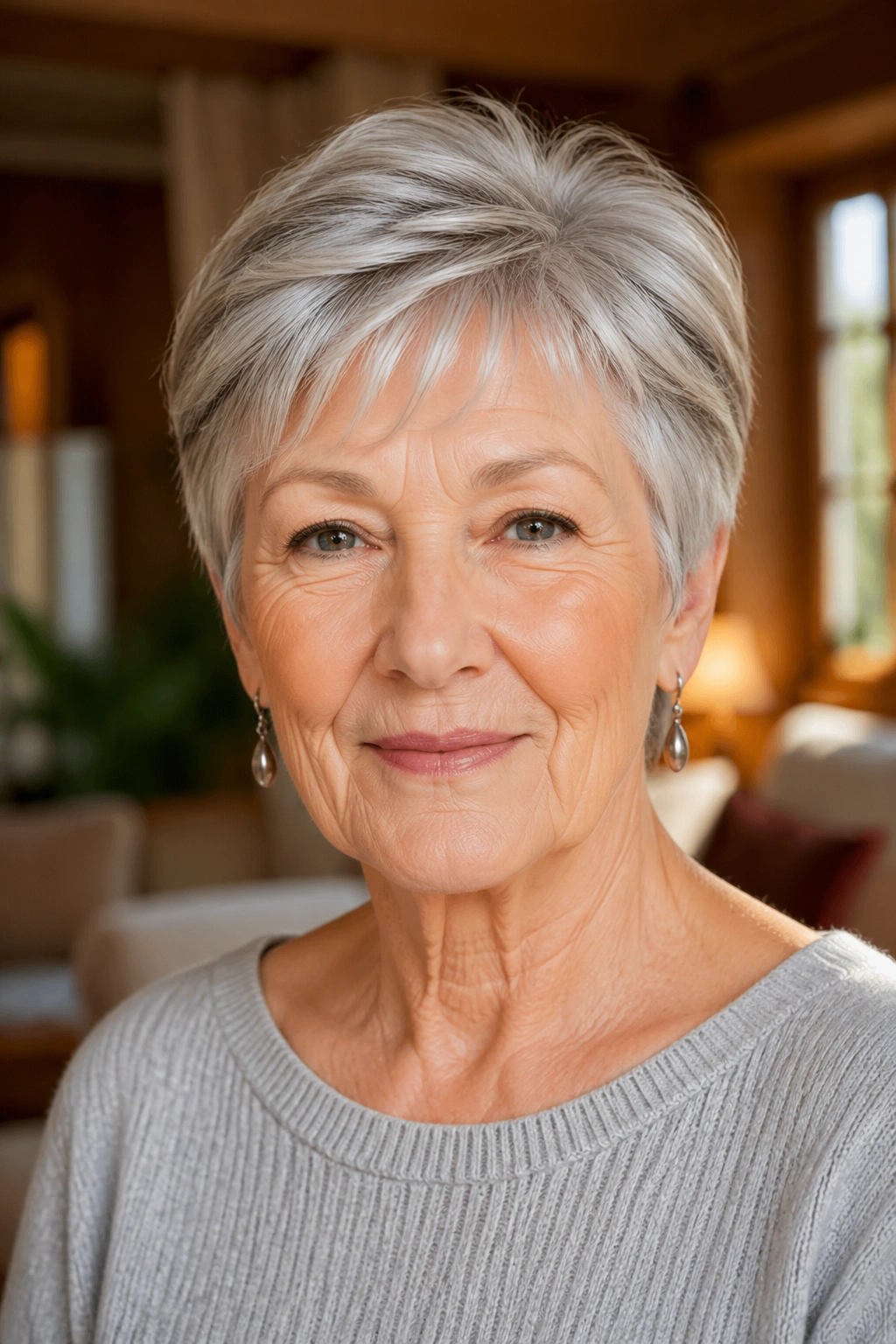 Close-up head-and-shoulders portrait of an older woman with a tapered cut and soft nape in a warm living room.