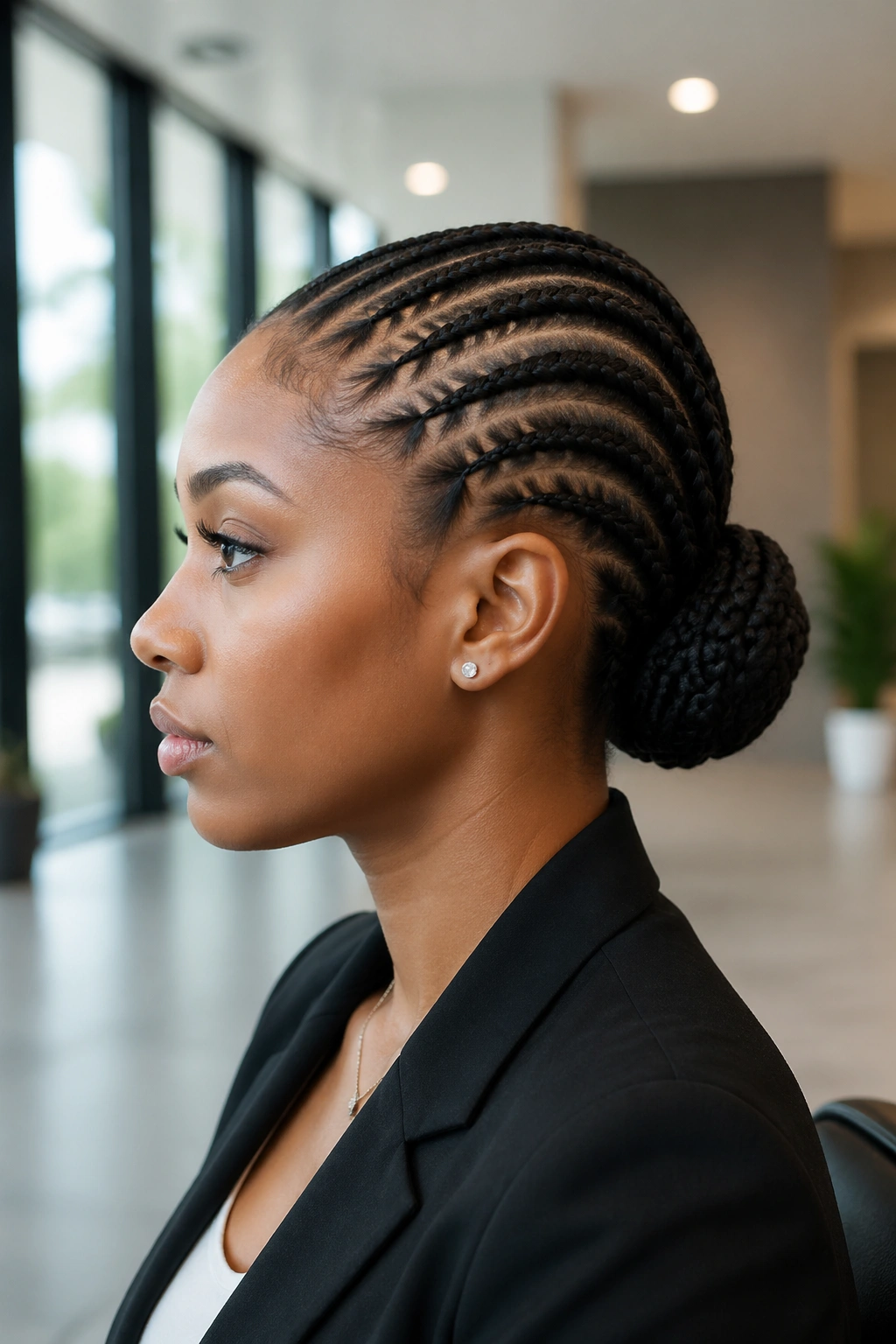 Profile shot of real person with tapered feed-in braids forming a sleek bun at the back.