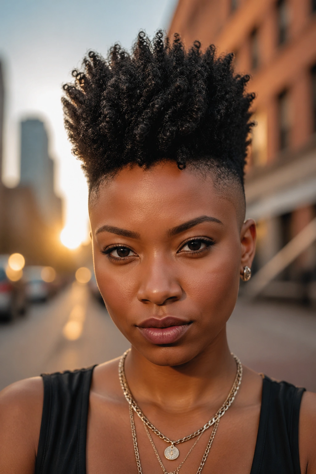 Portrait of a real person with a tapered frohawk on coily hair, sides shaved and center coils standing tall