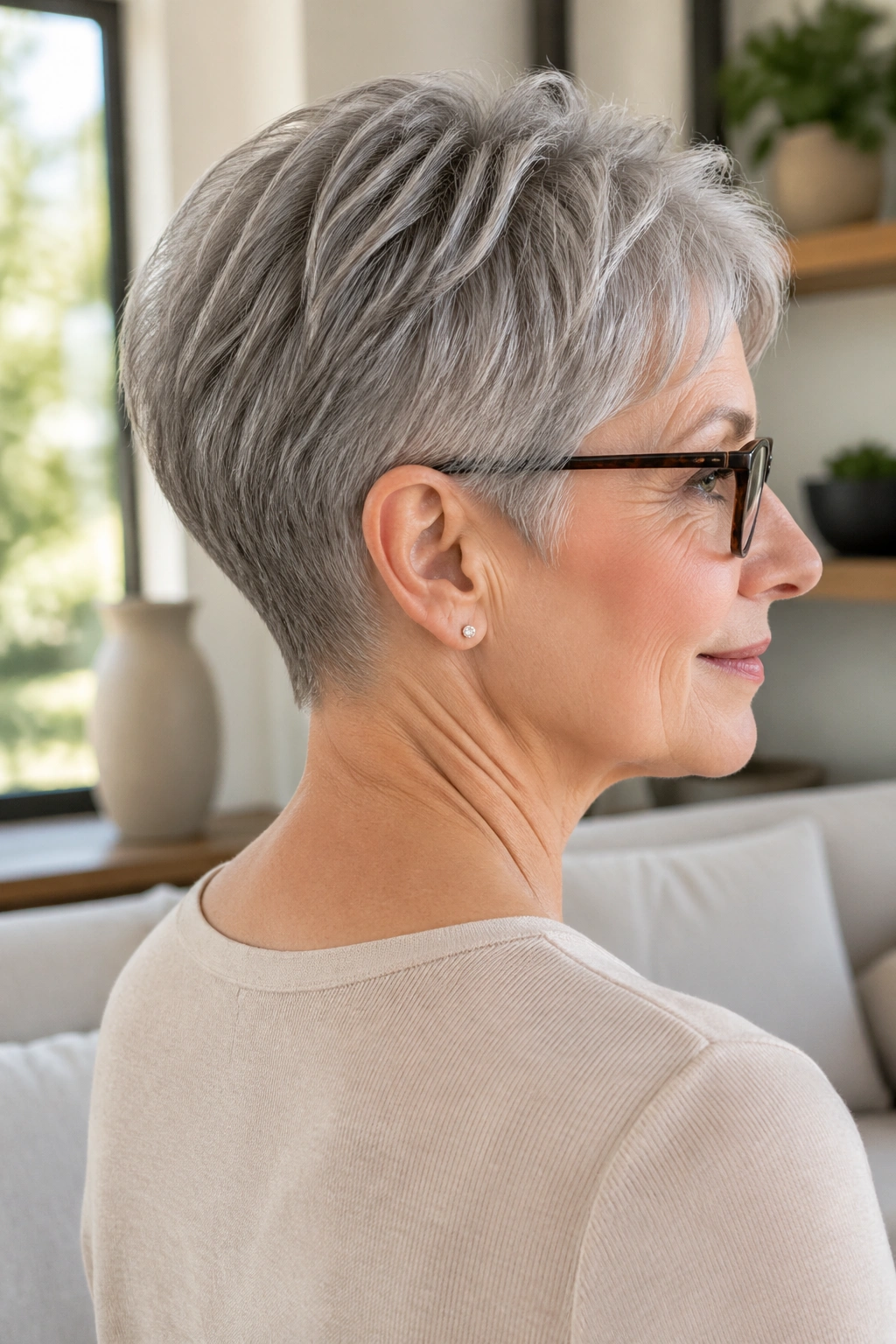 Three-quarter rear-view close-up of a real woman with tapered nape crop