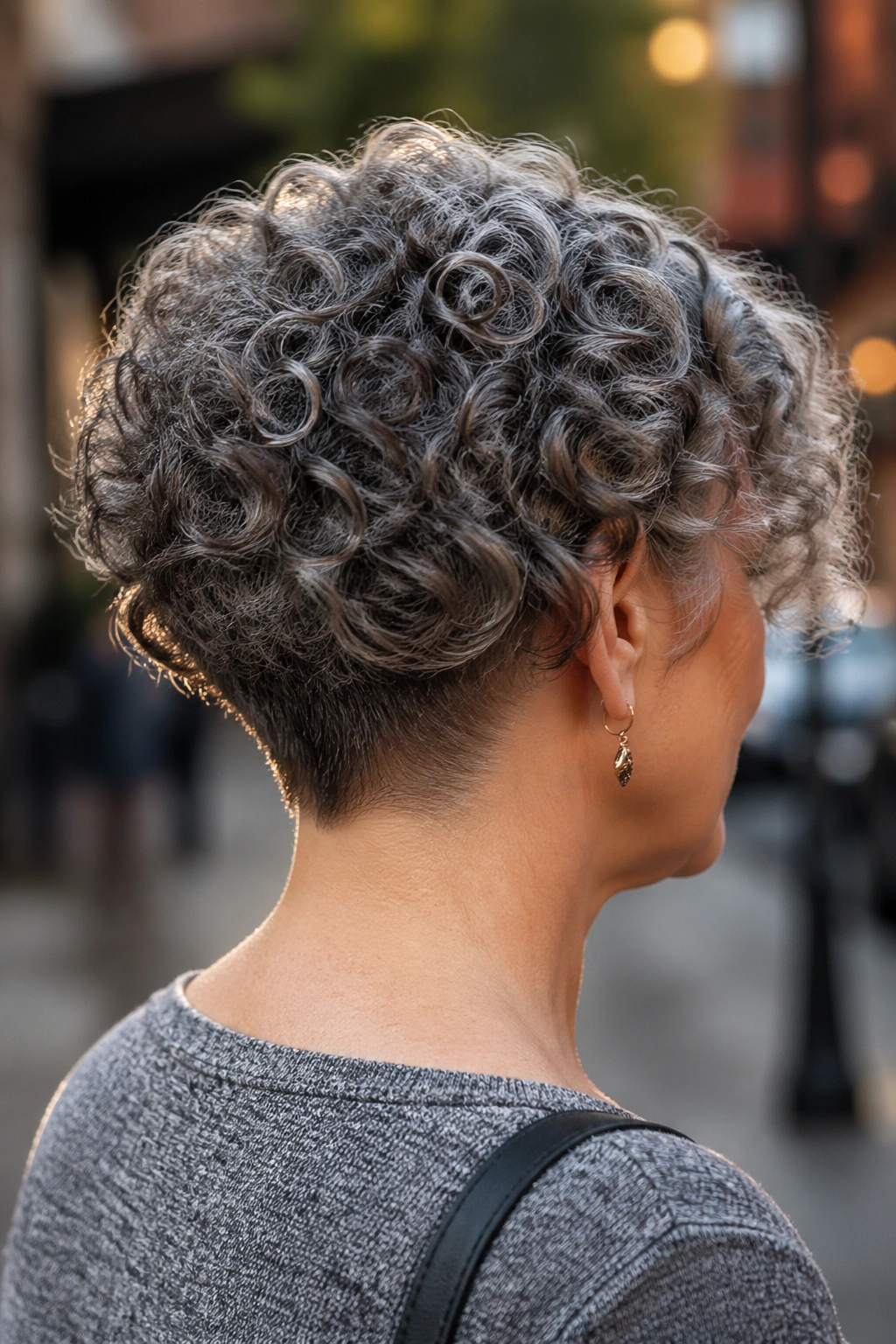 Rear view portrait of tapered nape curly bob on real woman