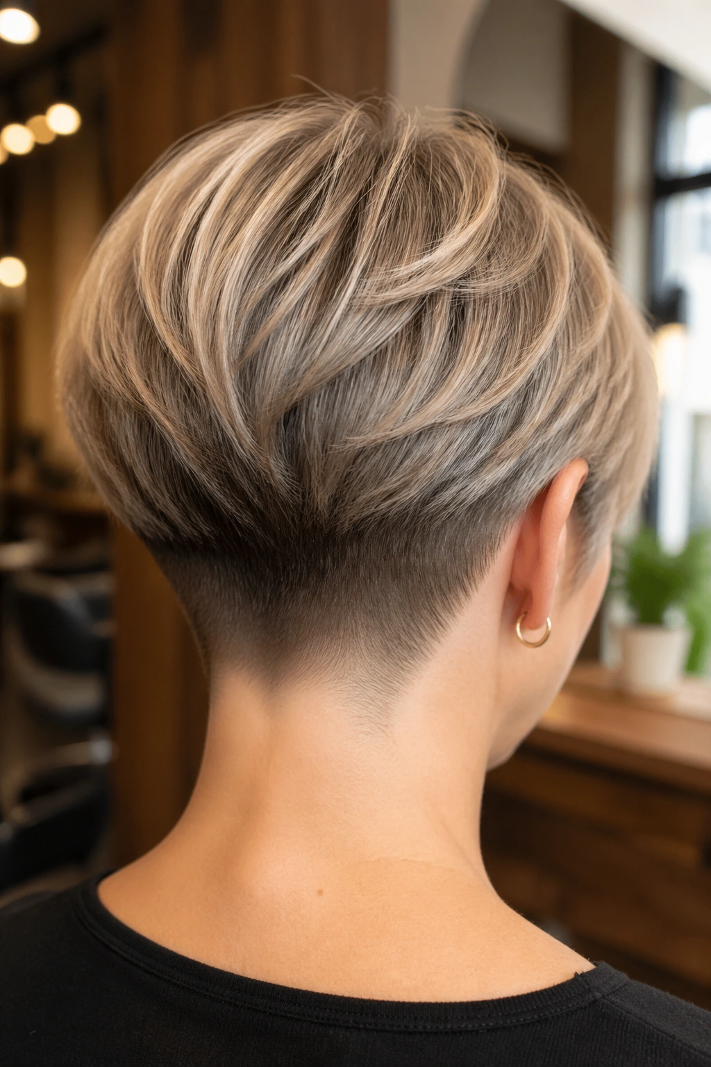 Close-up of real person neck showing a clean tapered nape cut in warm salon light