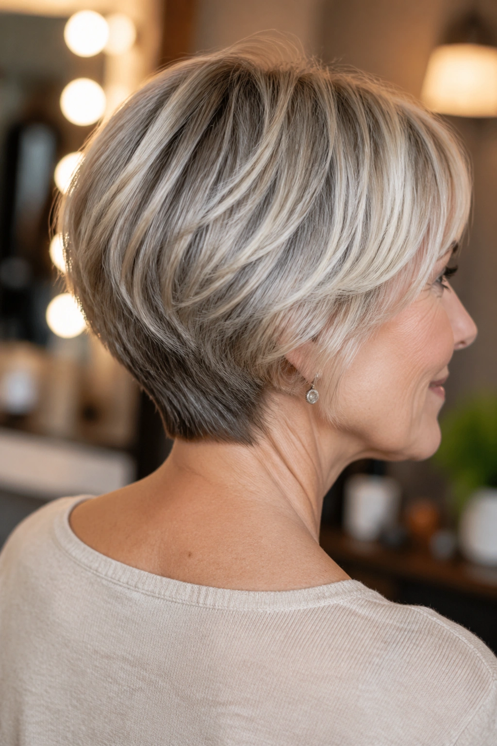 Real woman showing tapered nape with medium-length cut.